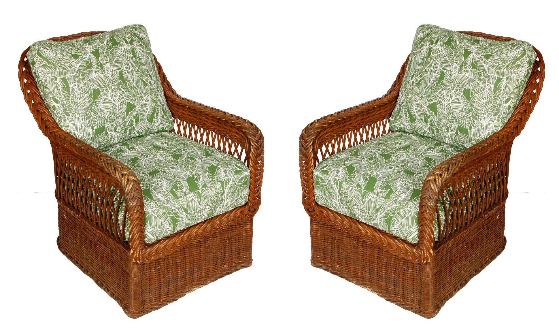 Vintage Ficks Reed wicker sofa and chairs set brought to life with new, outdoor green, palm leaf cushions. Sofa measures 72