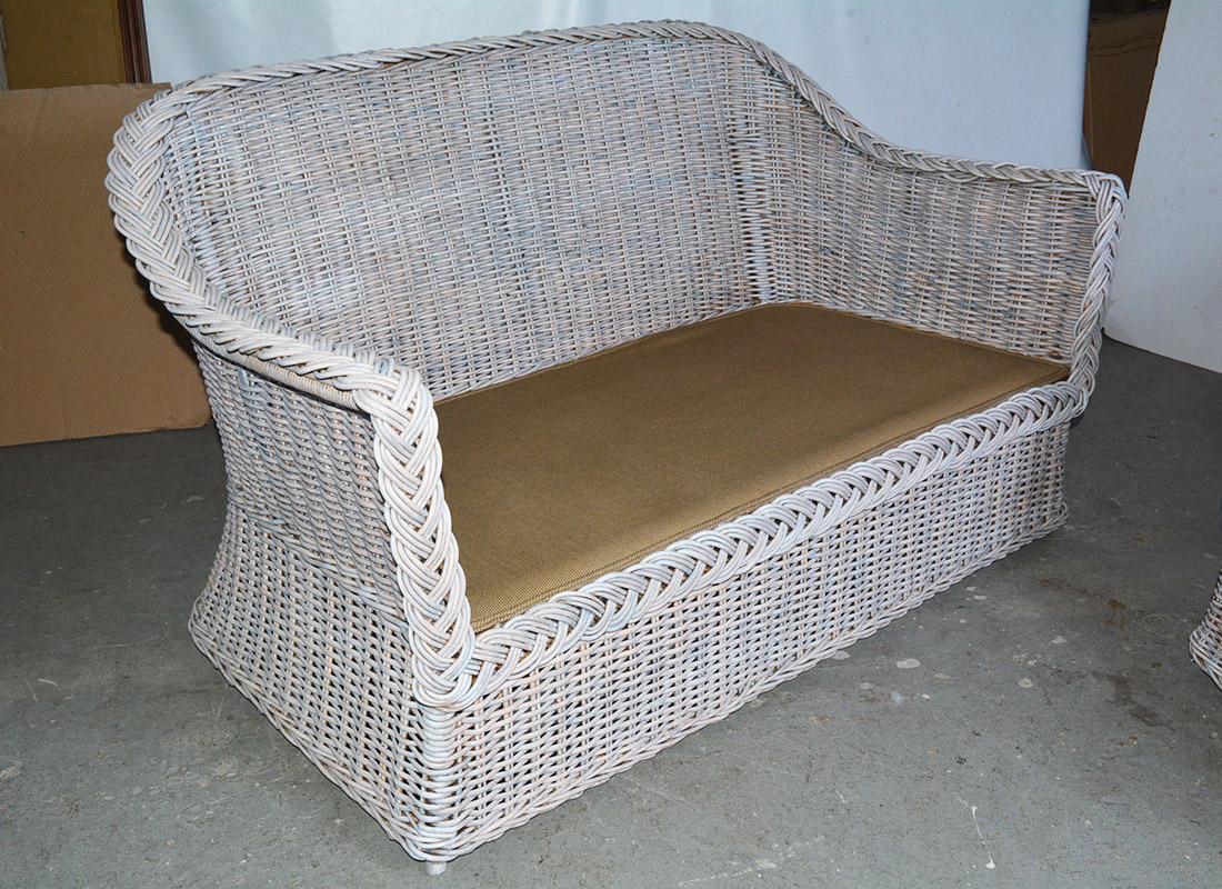 Modern Vintage Wicker Sofa Loveseat with Matching Chair and Ottoman For Sale