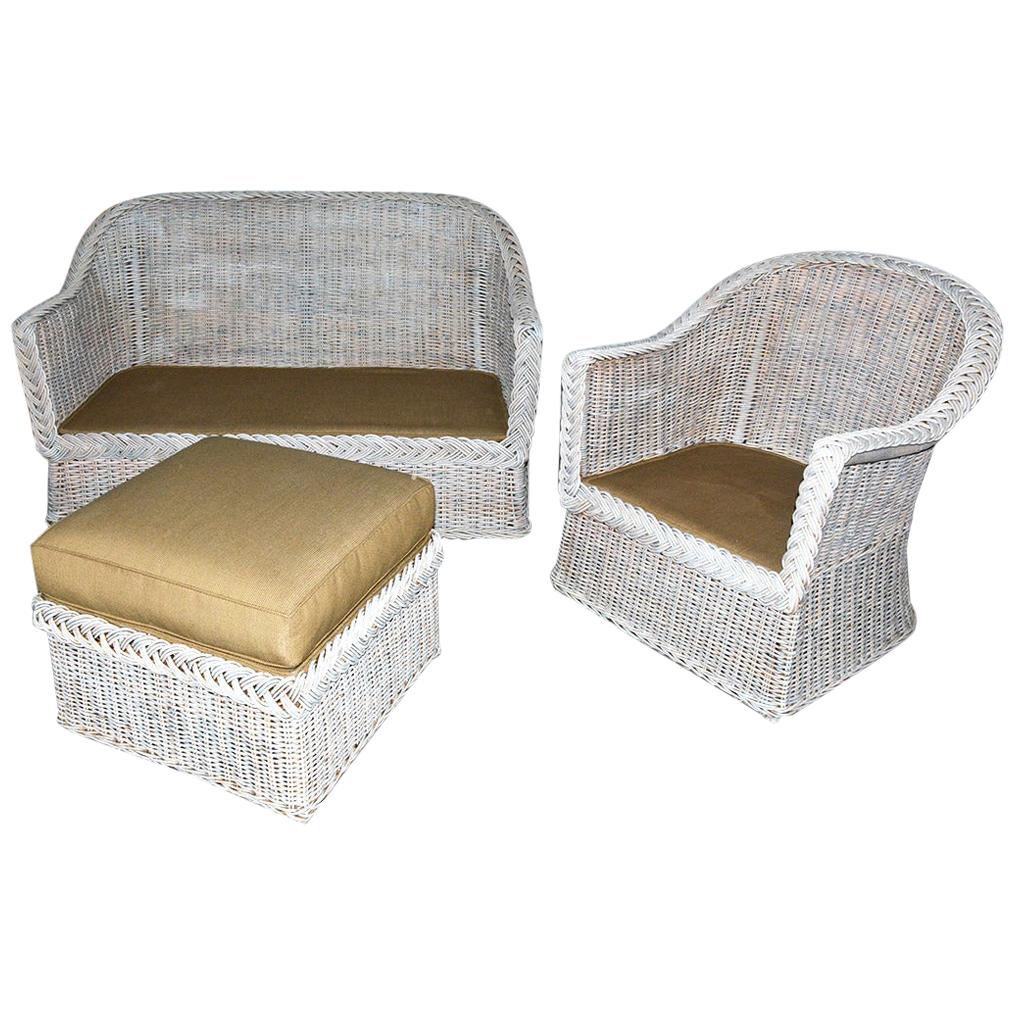 Vintage Wicker Sofa Loveseat with Matching Chair and Ottoman