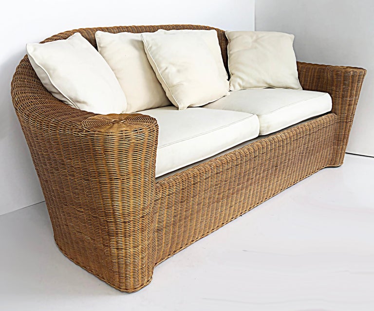 Vintage Wicker Sofa Upholstered with Canvas Cushions For Sale at 1stDibs
