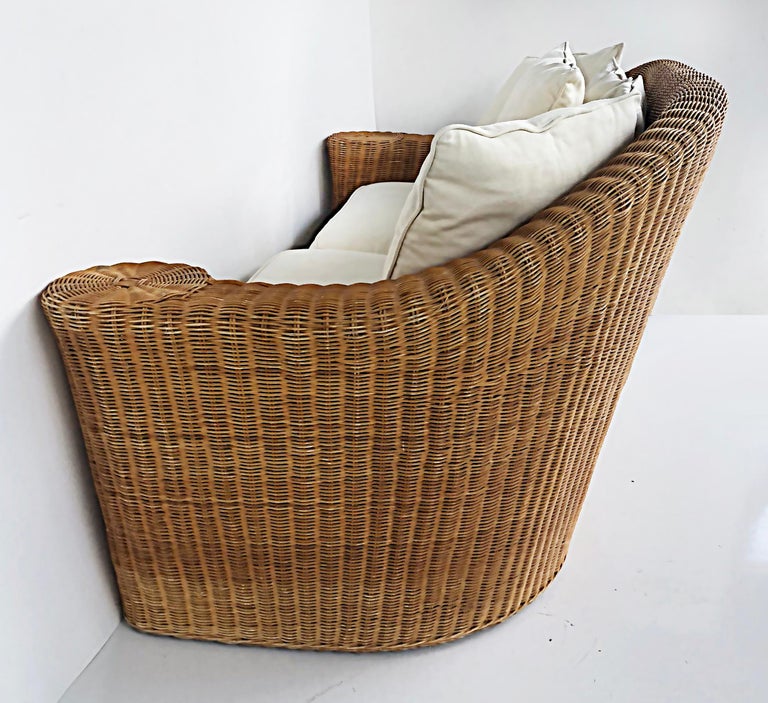 Vintage Wicker Sofa Upholstered with Canvas Cushions For Sale at 1stDibs