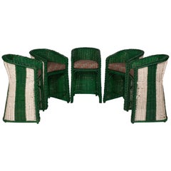 Vintage Wicker Striped Painted Green and White Bar Stools with Seat Cushions
