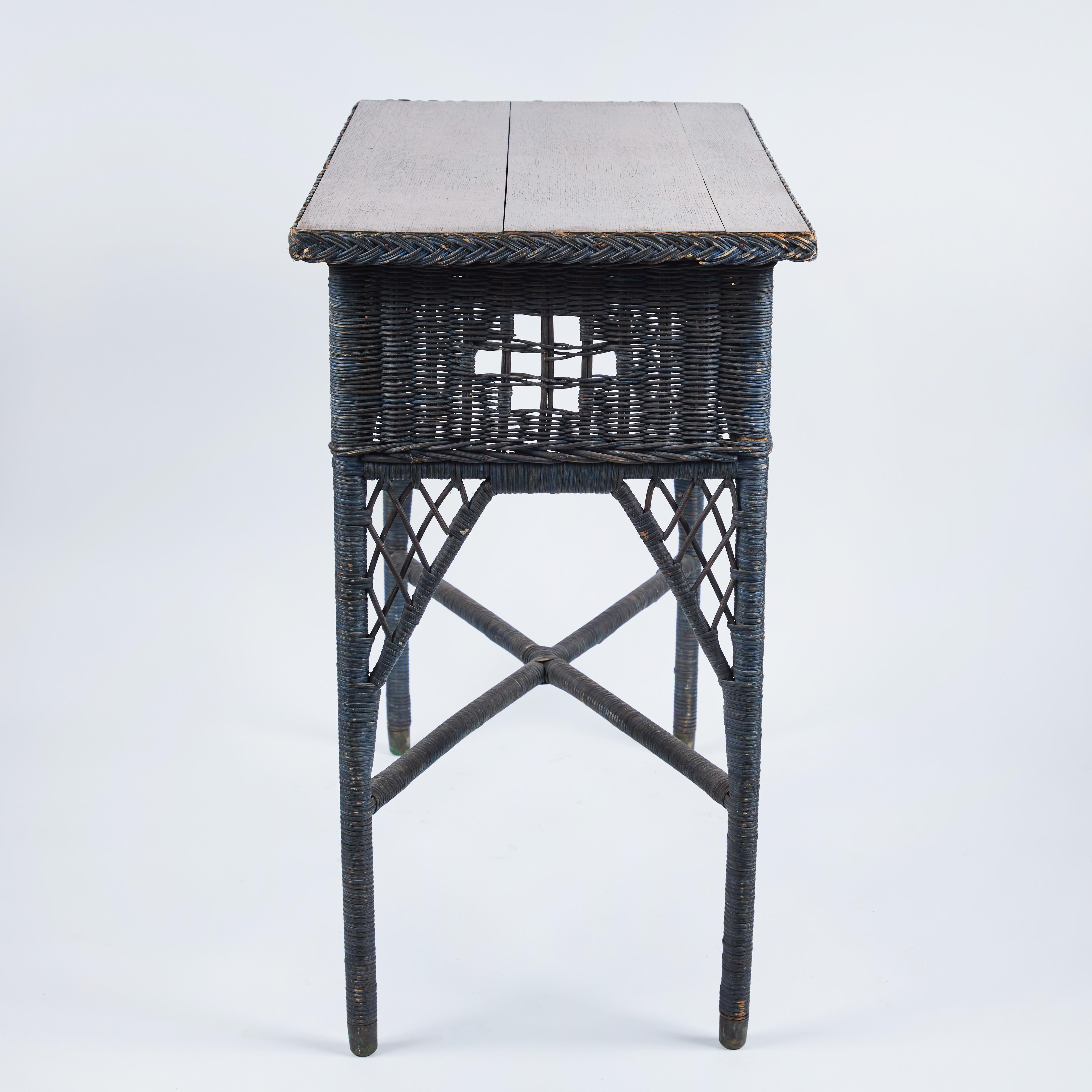 Vintage Wicker Table w/ Original Finish + Wood Top In Good Condition In Pasadena, CA