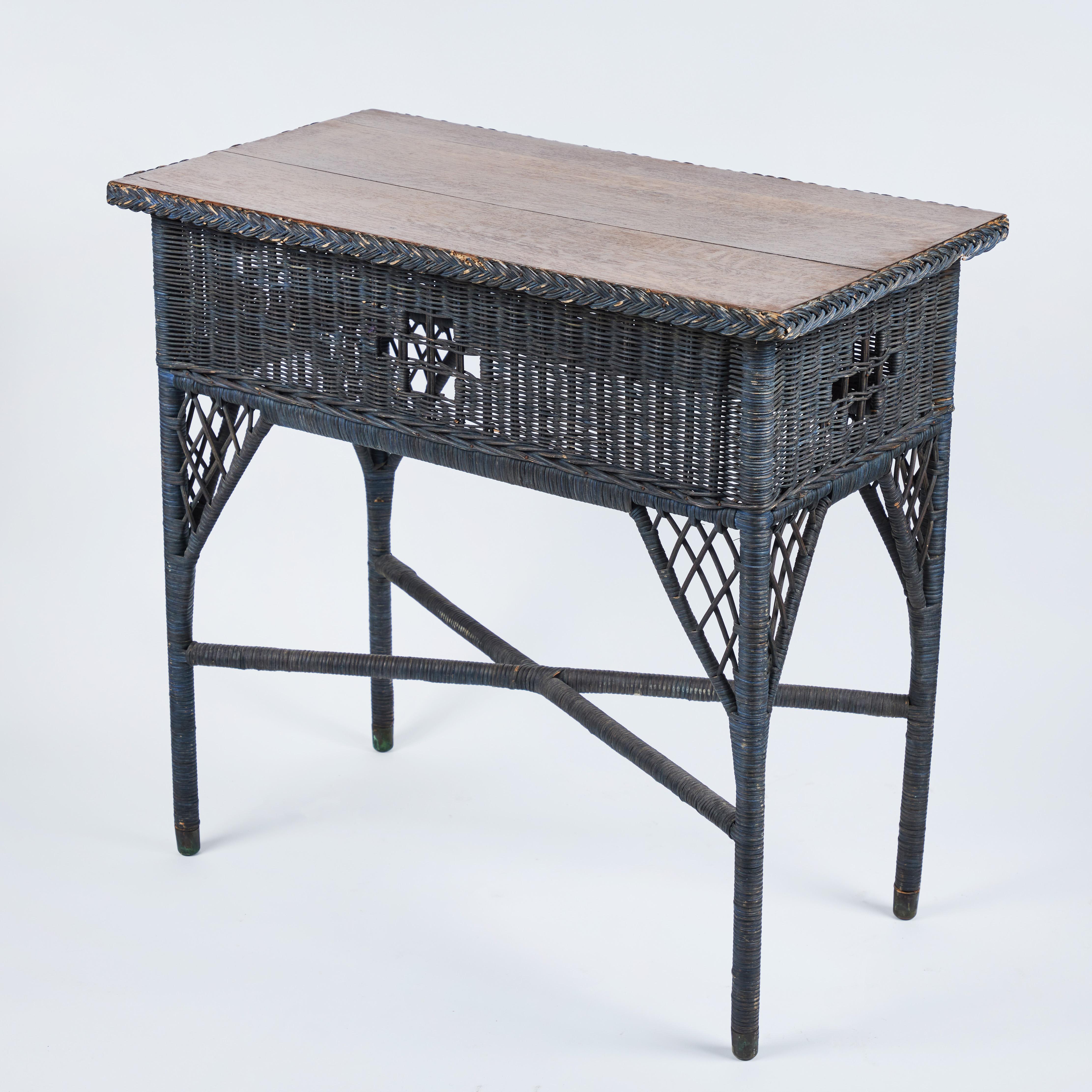 20th Century Vintage Wicker Table w/ Original Finish + Wood Top