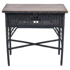 Vintage Wicker Table w/ Original Finish + Wood Top