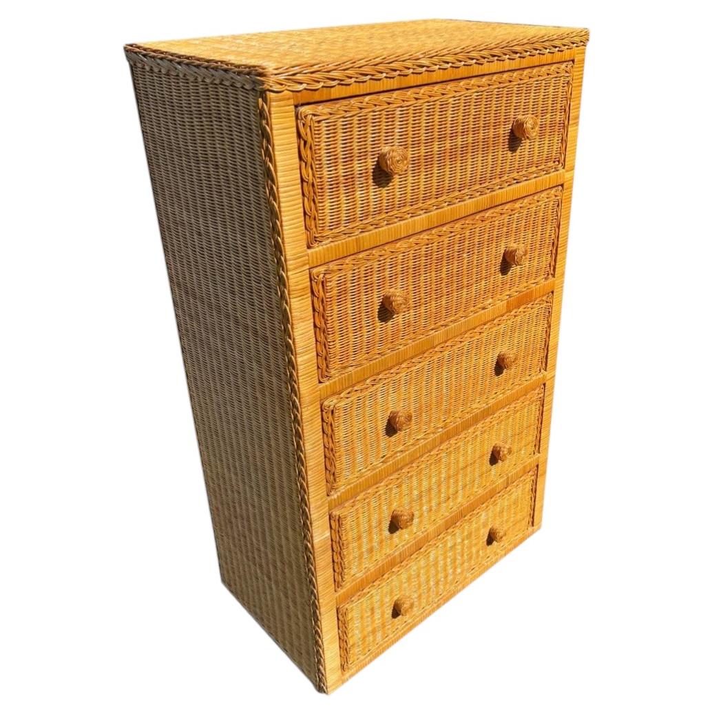 Vintage Wicker Tall Dresser or Chest of Drawers in Boho Chic Coastal Style