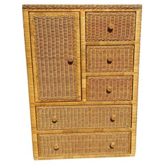 Vintage Wicker Tall Wide Dresser or Chest of Drawers in Boho Chic Coastal Style