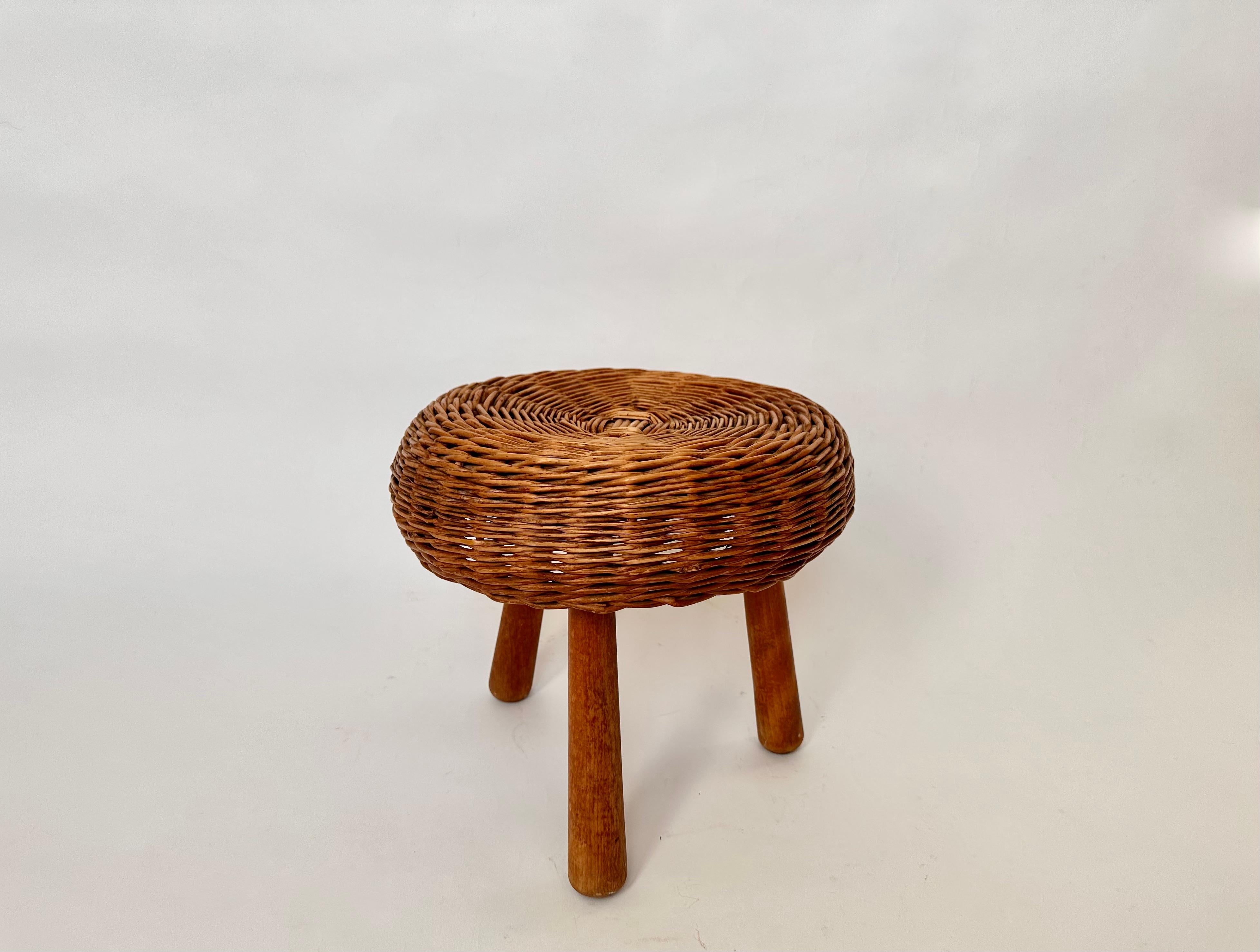 British Vintage wicker tripod stool in the manner of Tony Paul