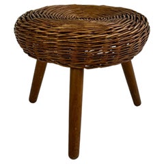 Vintage wicker tripod stool in the manner of Tony Paul