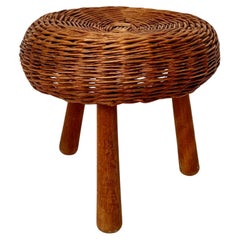 Vintage wicker tripod stool in the manner of Tony Paul