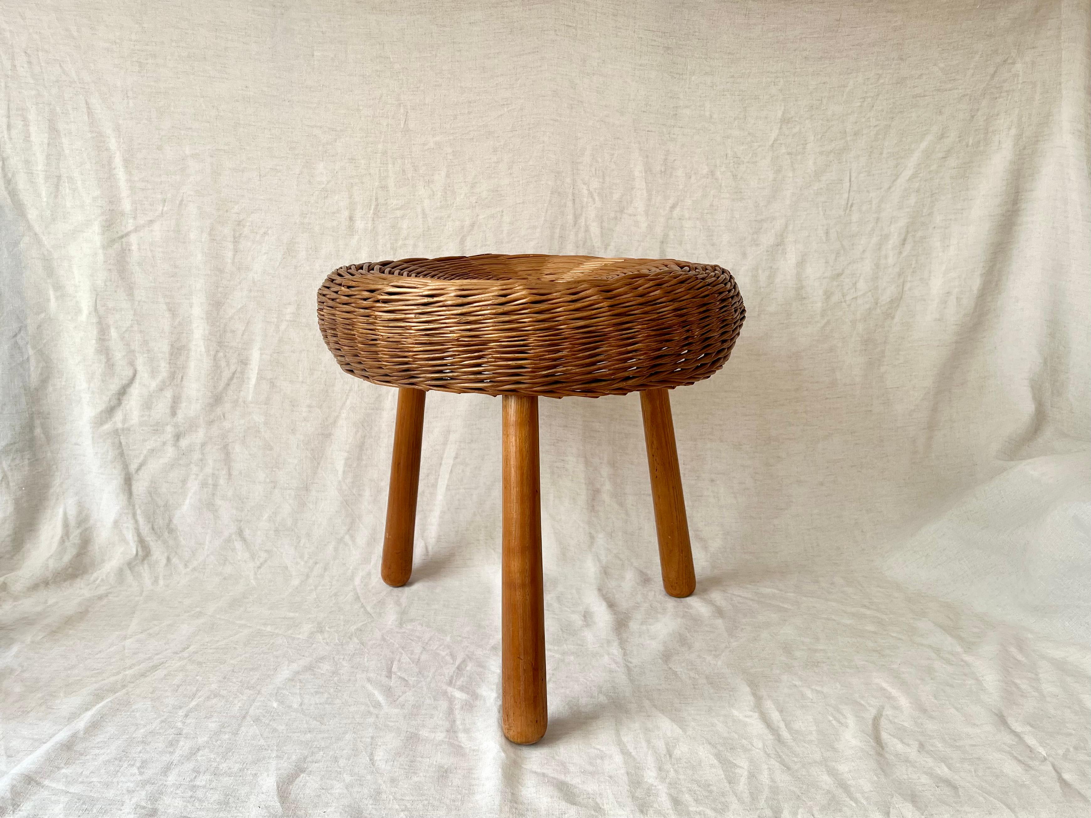 Osier Vintage wicker tripod stool / side table in the manner of Tony Paul, 1960s