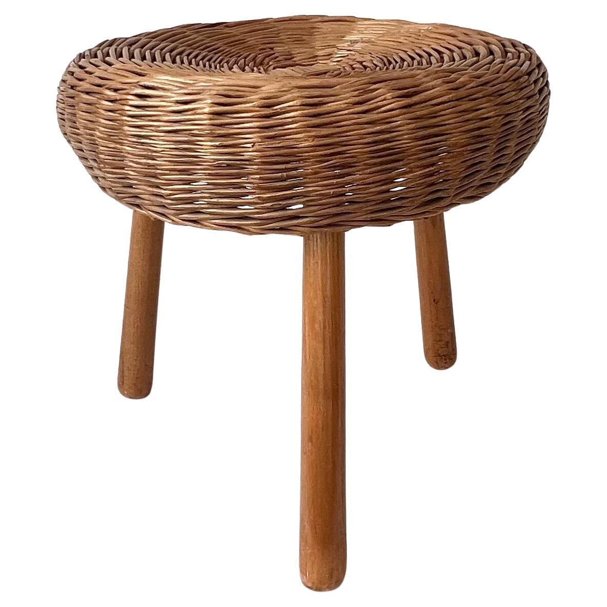 Vintage wicker tripod stool / side table in the manner of Tony Paul, 1960s