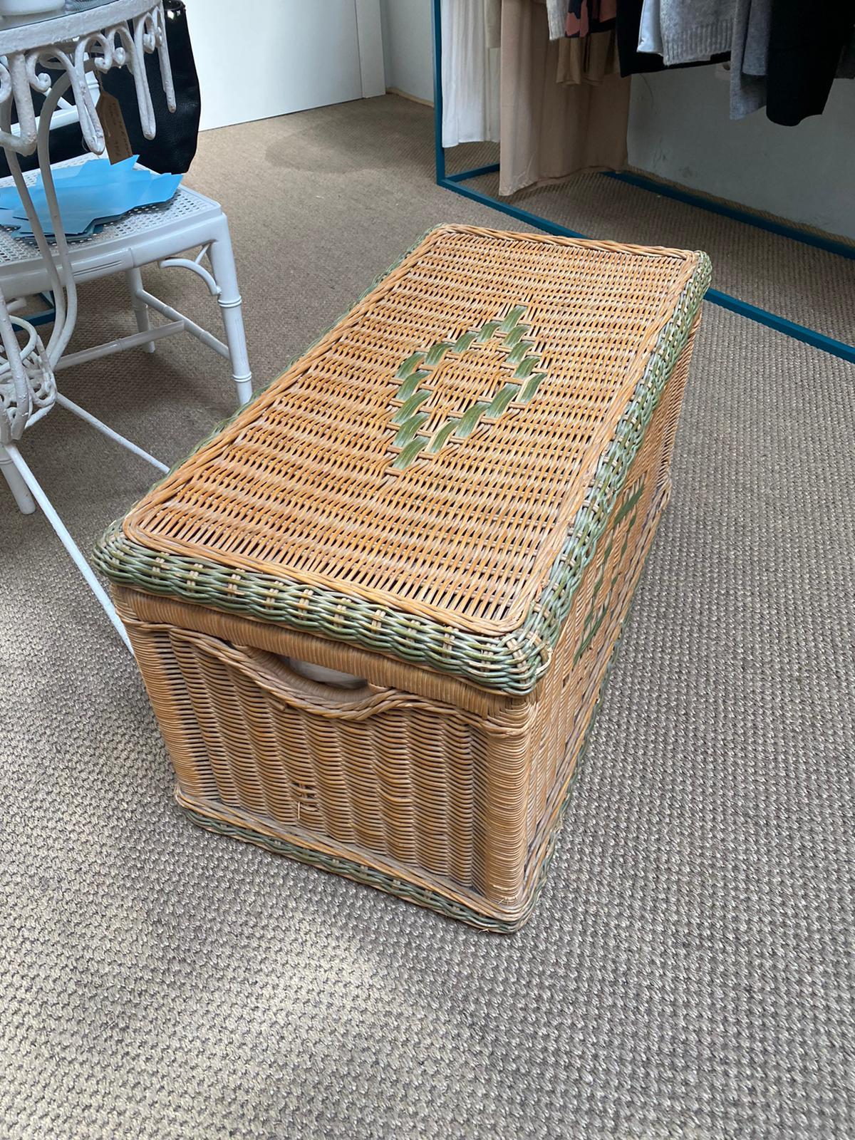 Vintage Wicker Trunk with Wooden Frame and Lid


