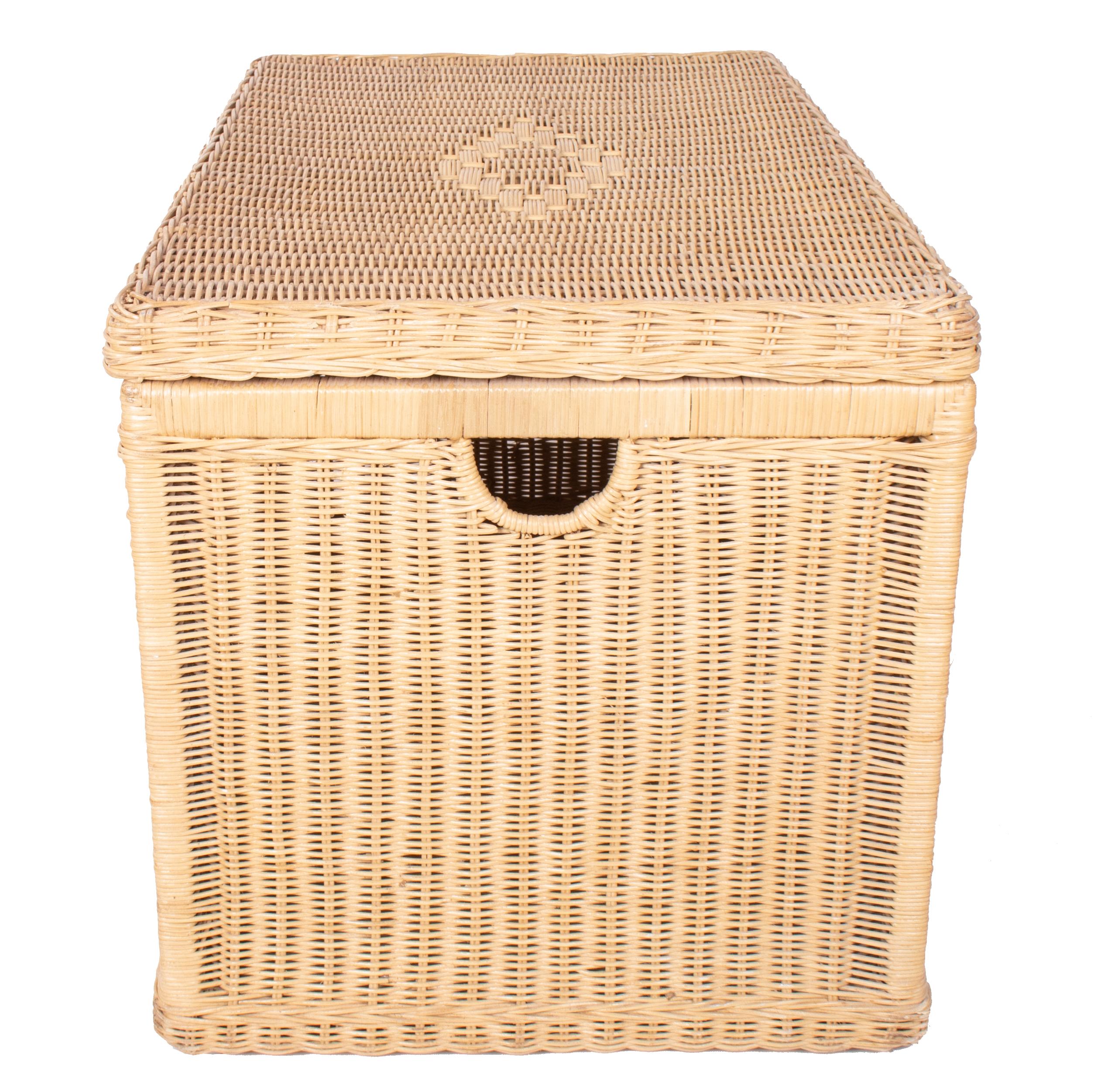 Spanish Vintage Wicker Trunk with Wooden Frame and Lid