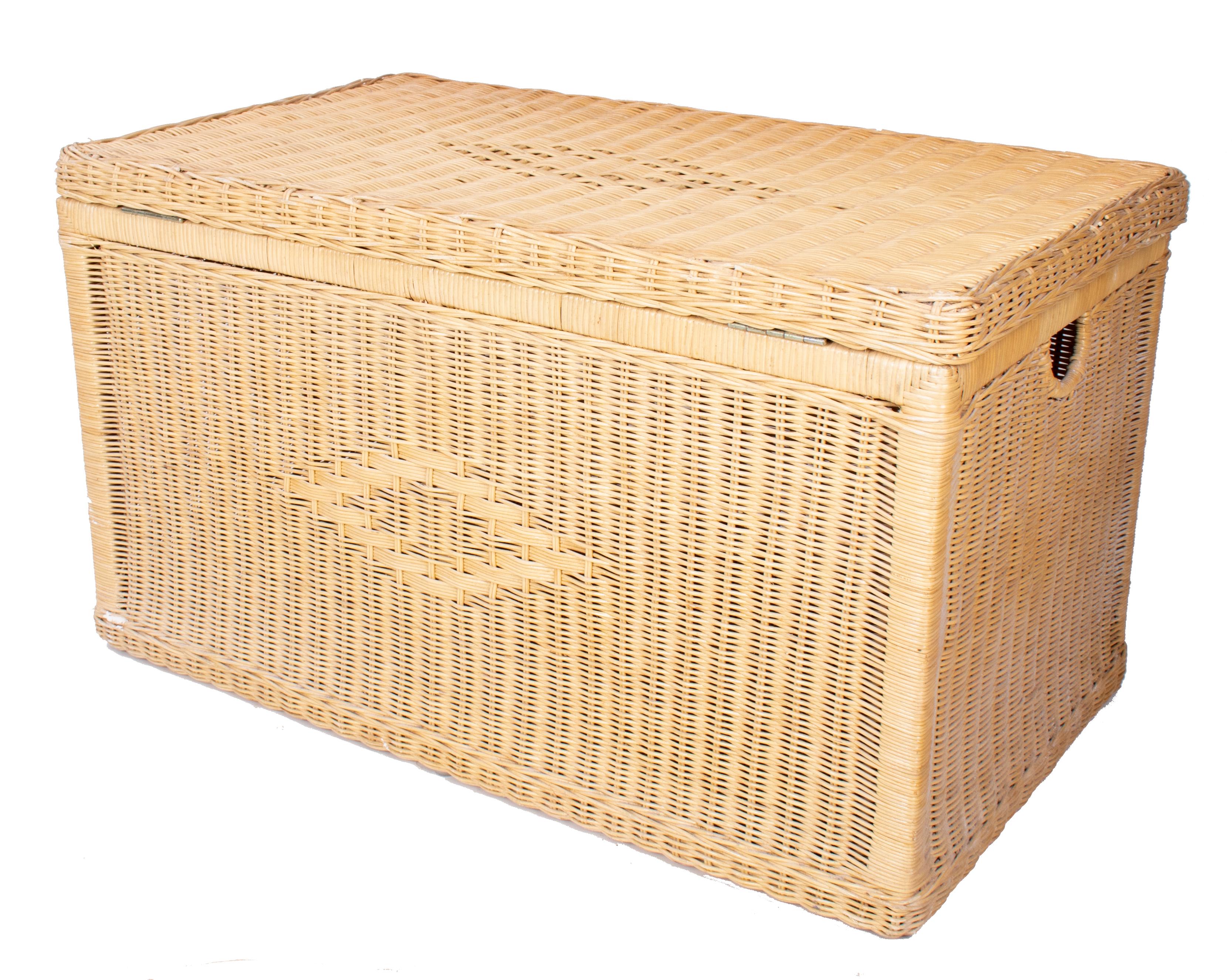 20th Century Vintage Wicker Trunk with Wooden Frame and Lid