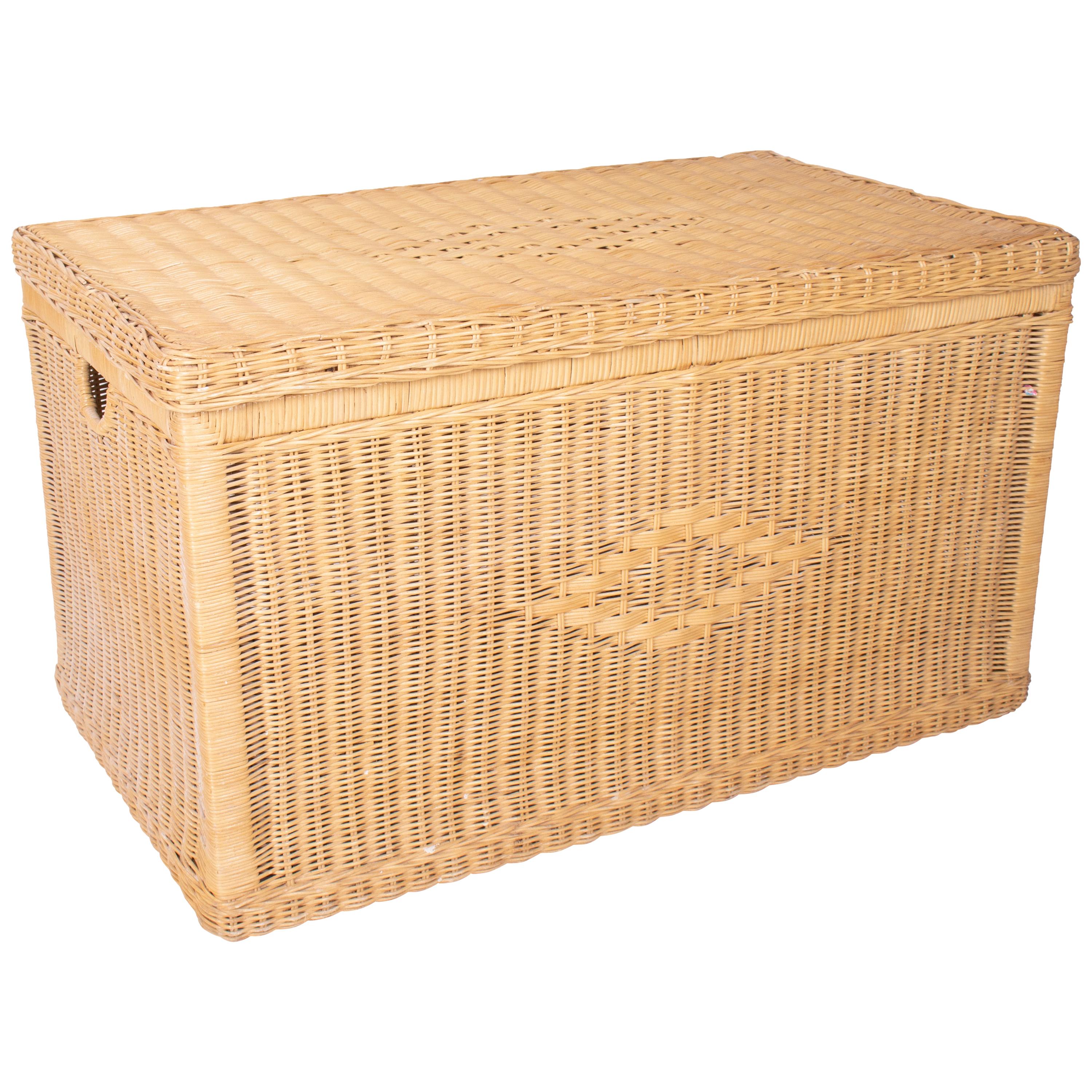Vintage Wicker Trunk with Wooden Frame and Lid