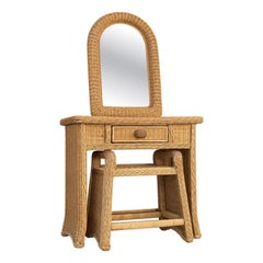 Vintage Wicker Vanity Set With Arched Mirror and Matching Stool