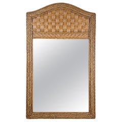 Vintage Wicker Wall Mirror with Arched Woven Crest and Braided Border