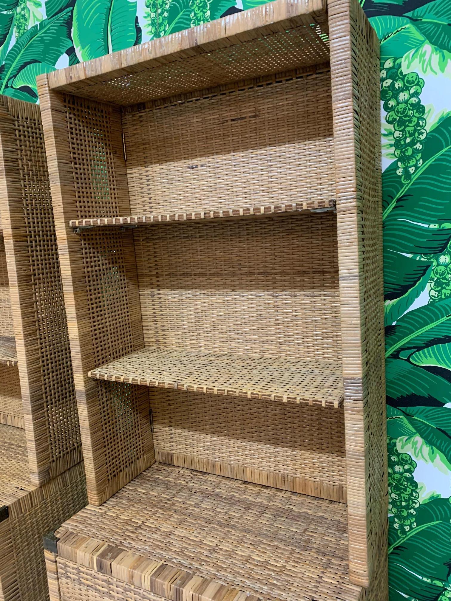 Vintage Wicker Wall Unit Bookshelves and Cabinets In Good Condition In Jacksonville, FL