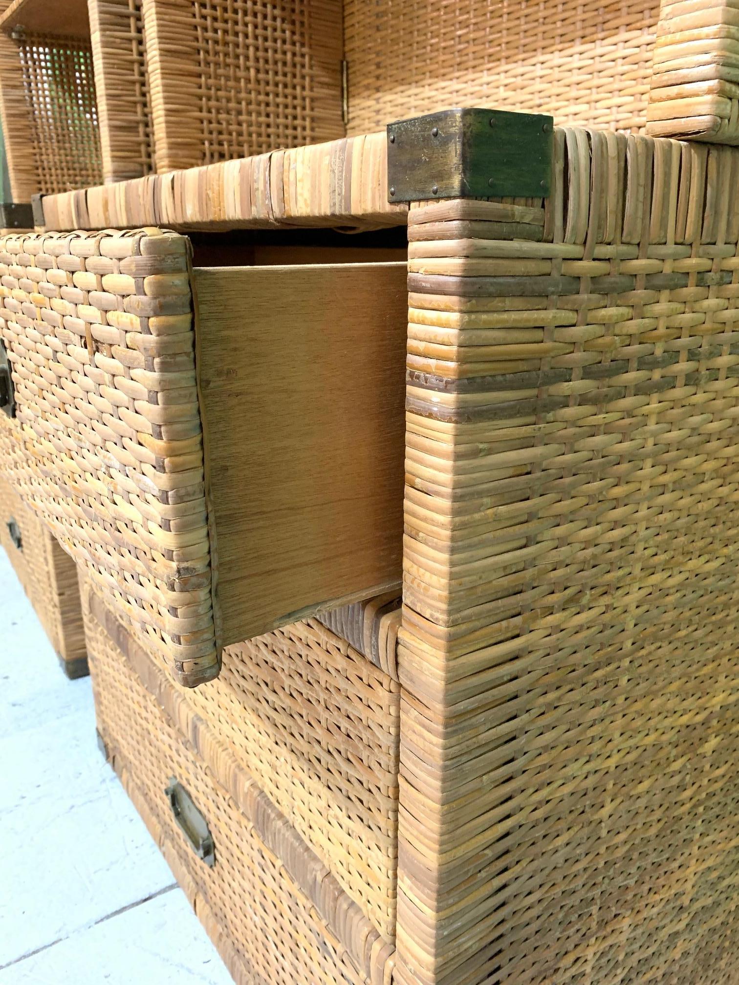 Late 20th Century Vintage Wicker Wall Unit Bookshelves and Cabinets