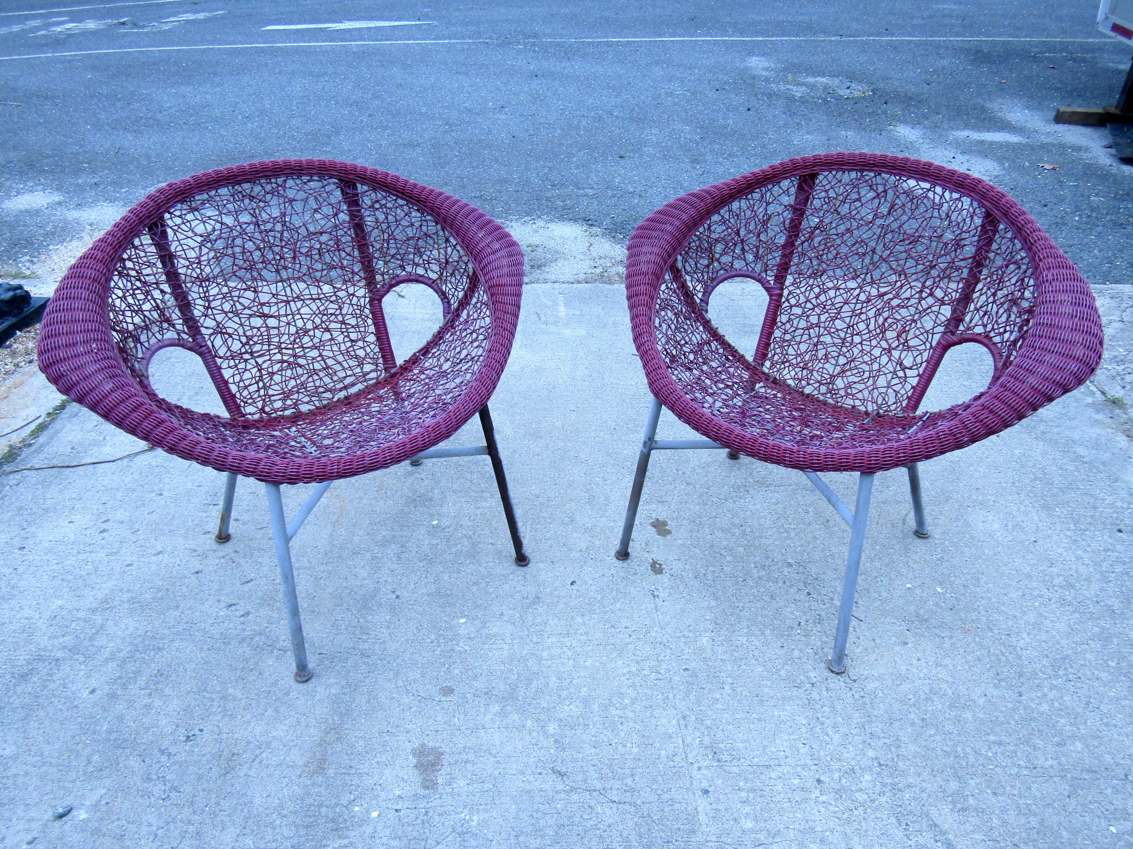 Mid-Century Modern Vintage Wicker Wingback Lounge Chairs