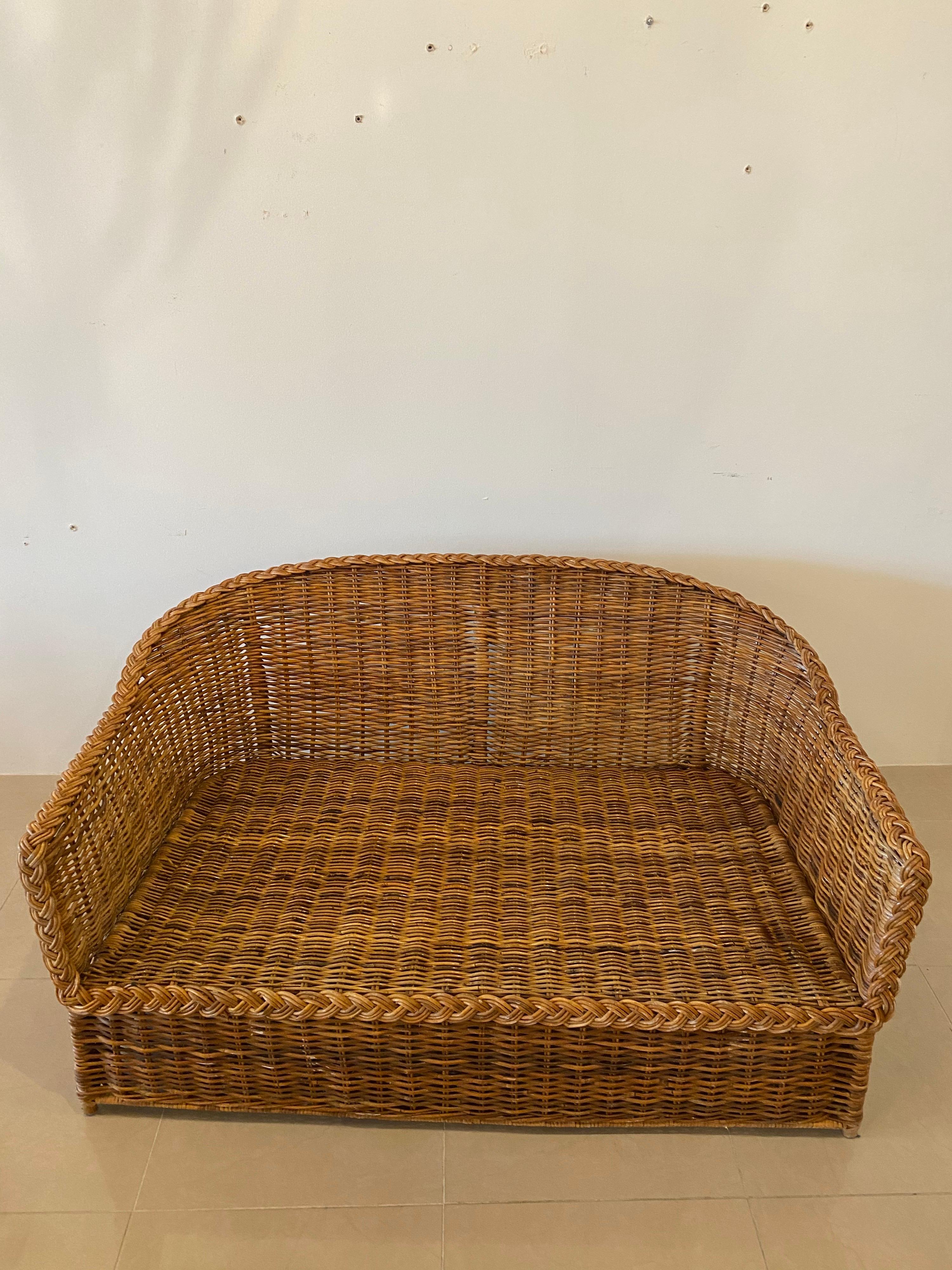 Vintage Wicker Works Braided Woven Wicker Rattan Loveseat Settee 3