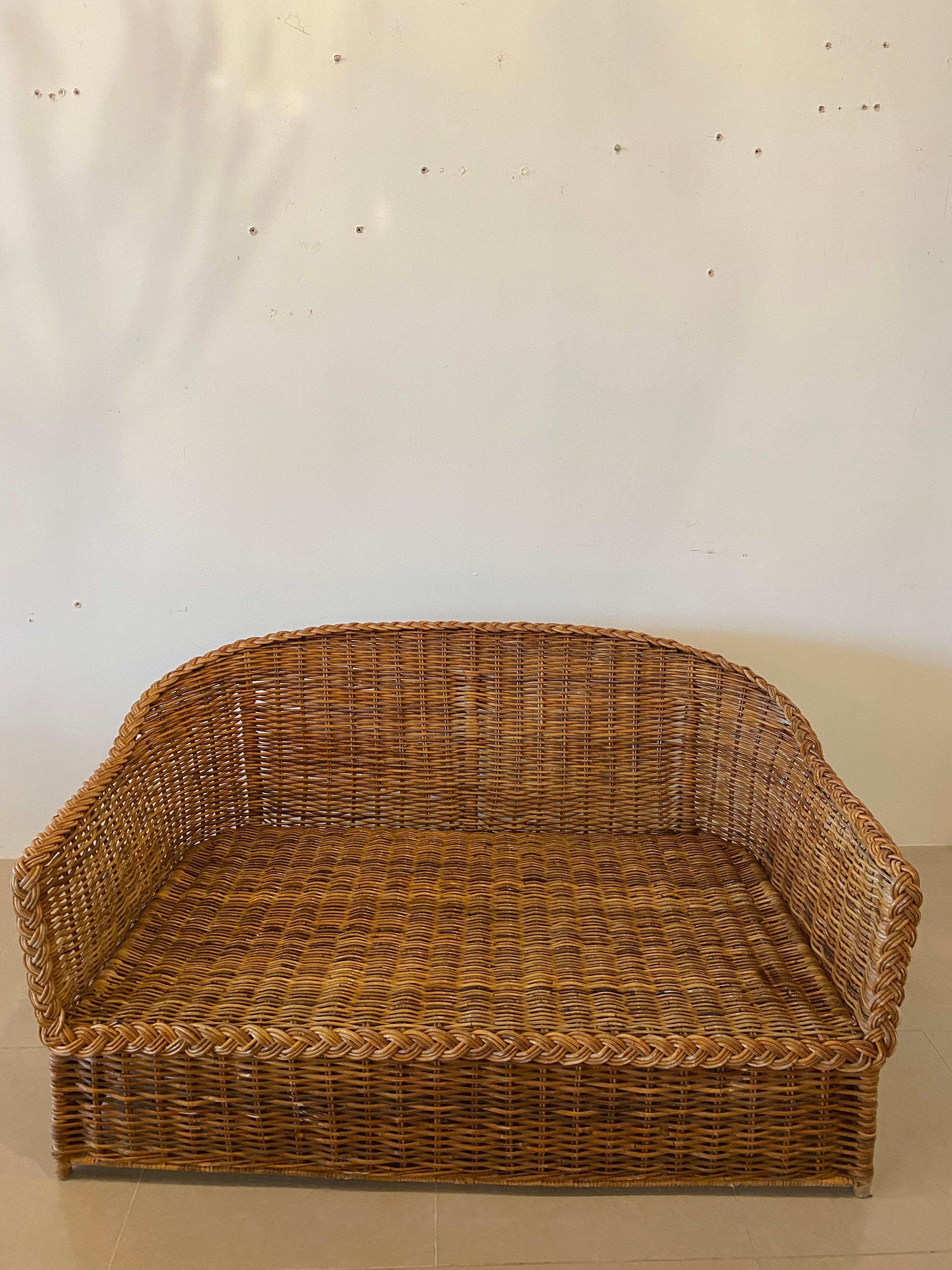 Vintage Wicker Works Braided Woven Wicker Rattan Loveseat Settee 5