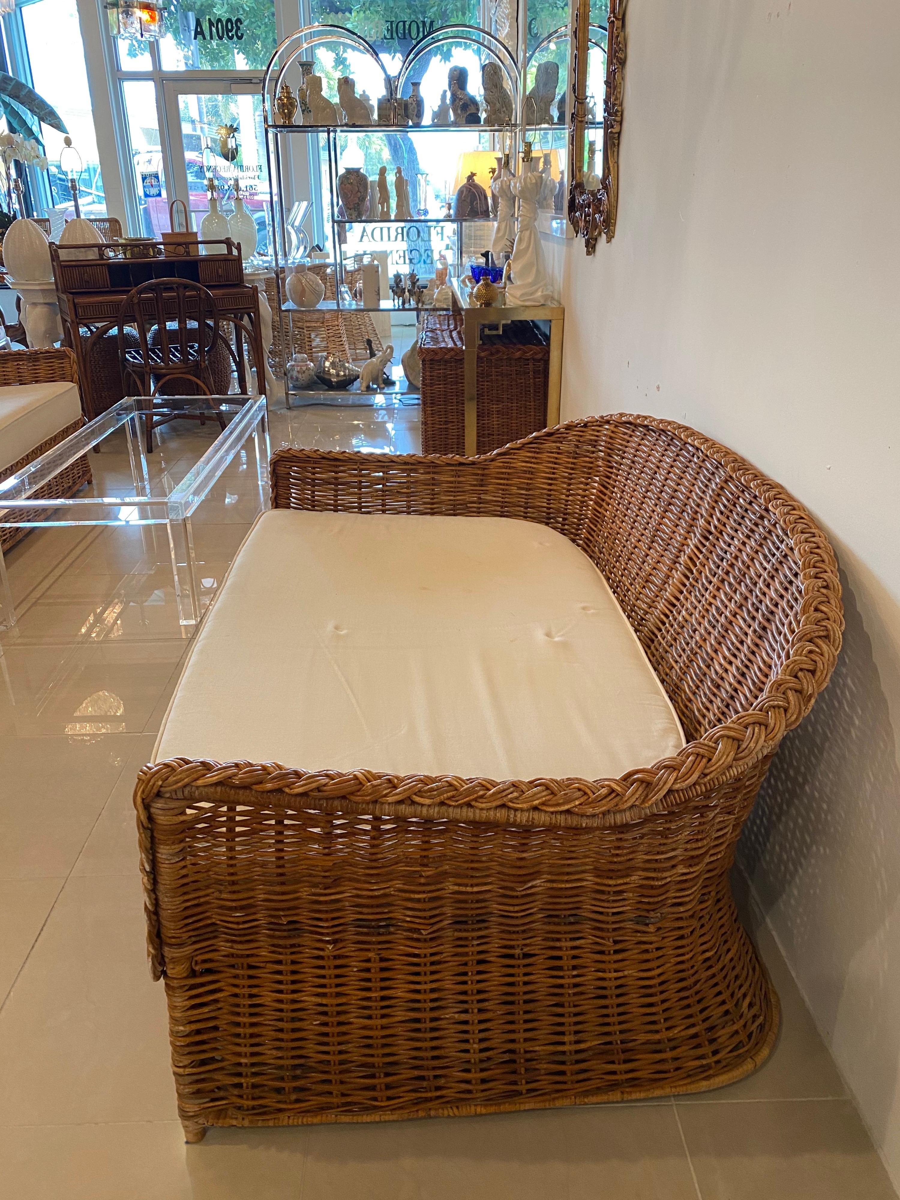 American Vintage Wicker Works Braided Woven Wicker Rattan Loveseat Settee