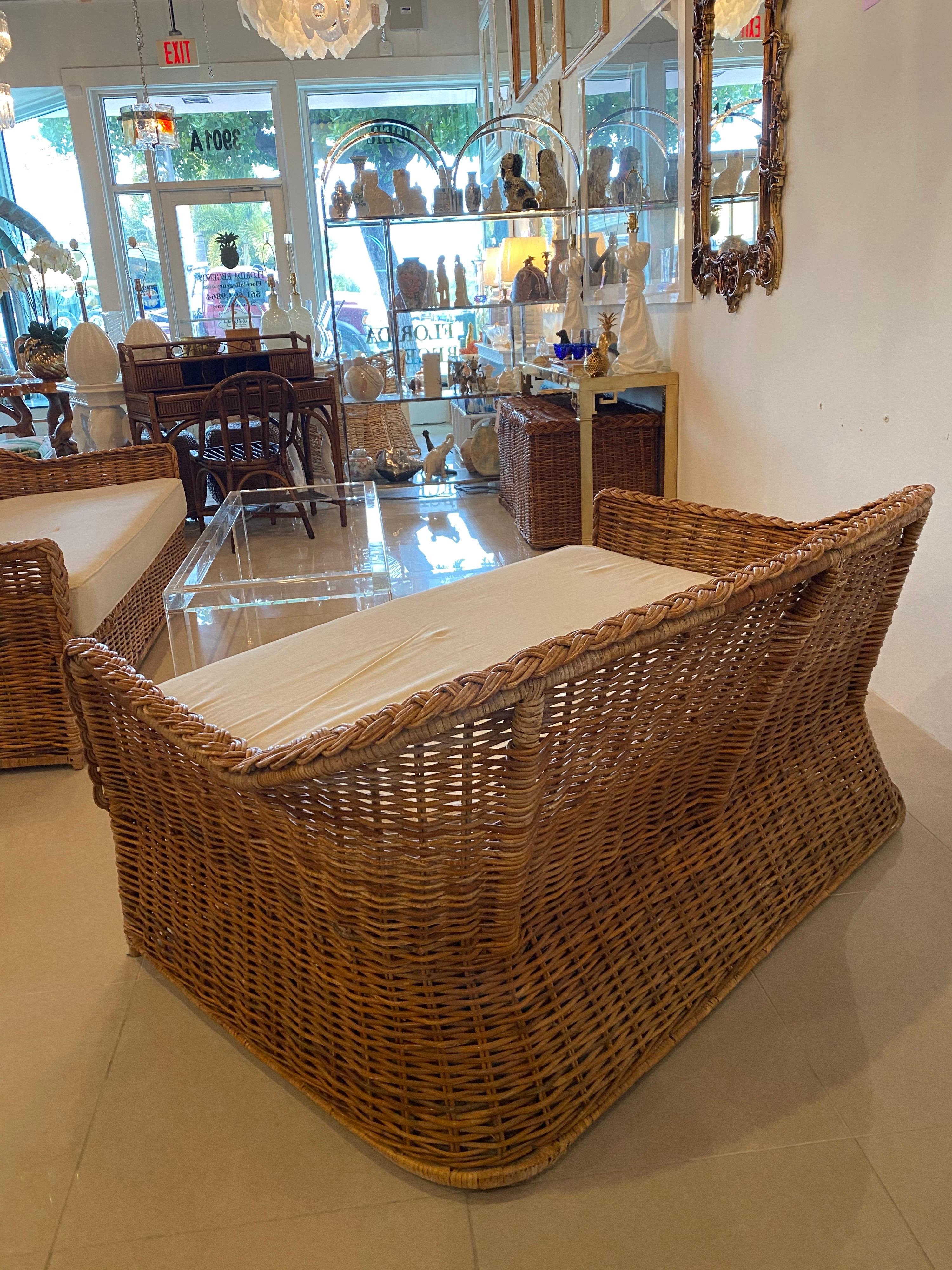 Vintage Wicker Works Braided Woven Wicker Rattan Loveseat Settee In Good Condition In West Palm Beach, FL