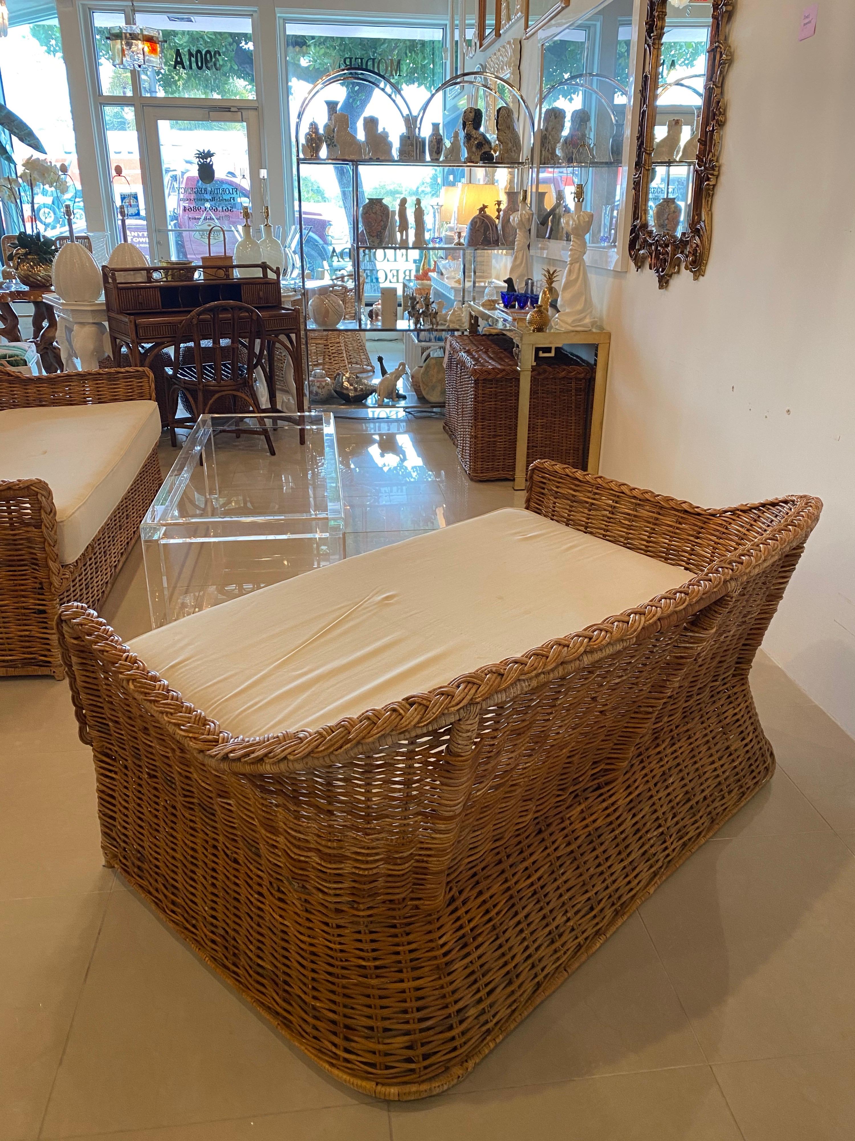 Late 20th Century Vintage Wicker Works Braided Woven Wicker Rattan Loveseat Settee