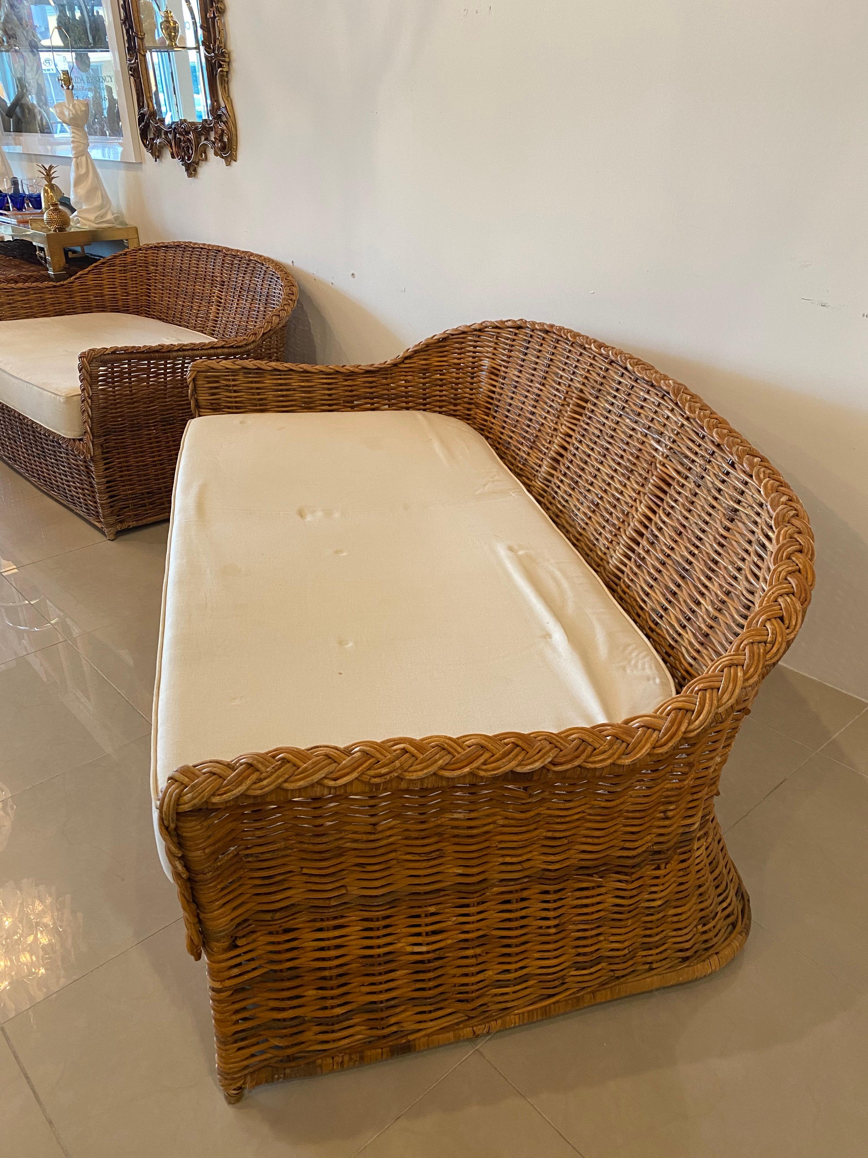 Vintage Wicker Works Braided Woven Wicker Rattan Sofa 4