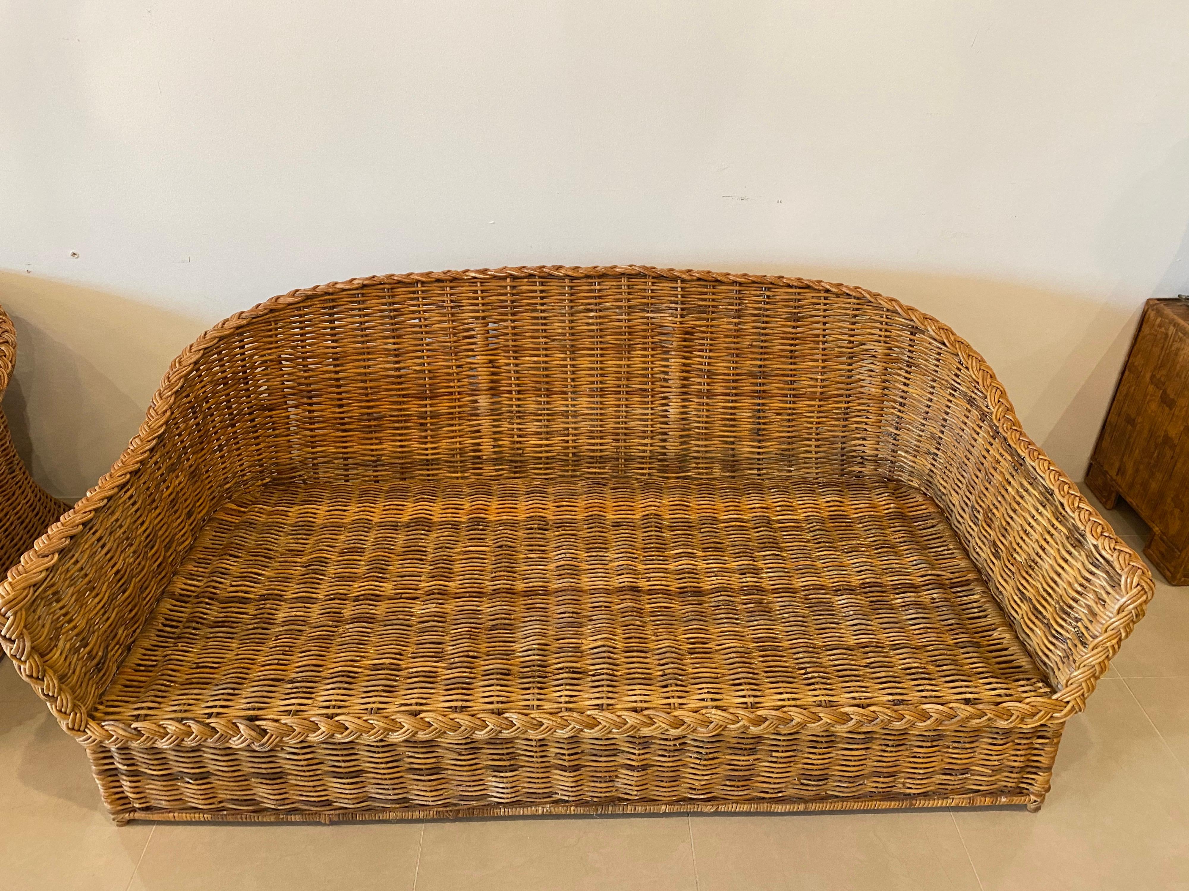 Vintage Wicker Works Braided Woven Wicker Rattan Sofa 5