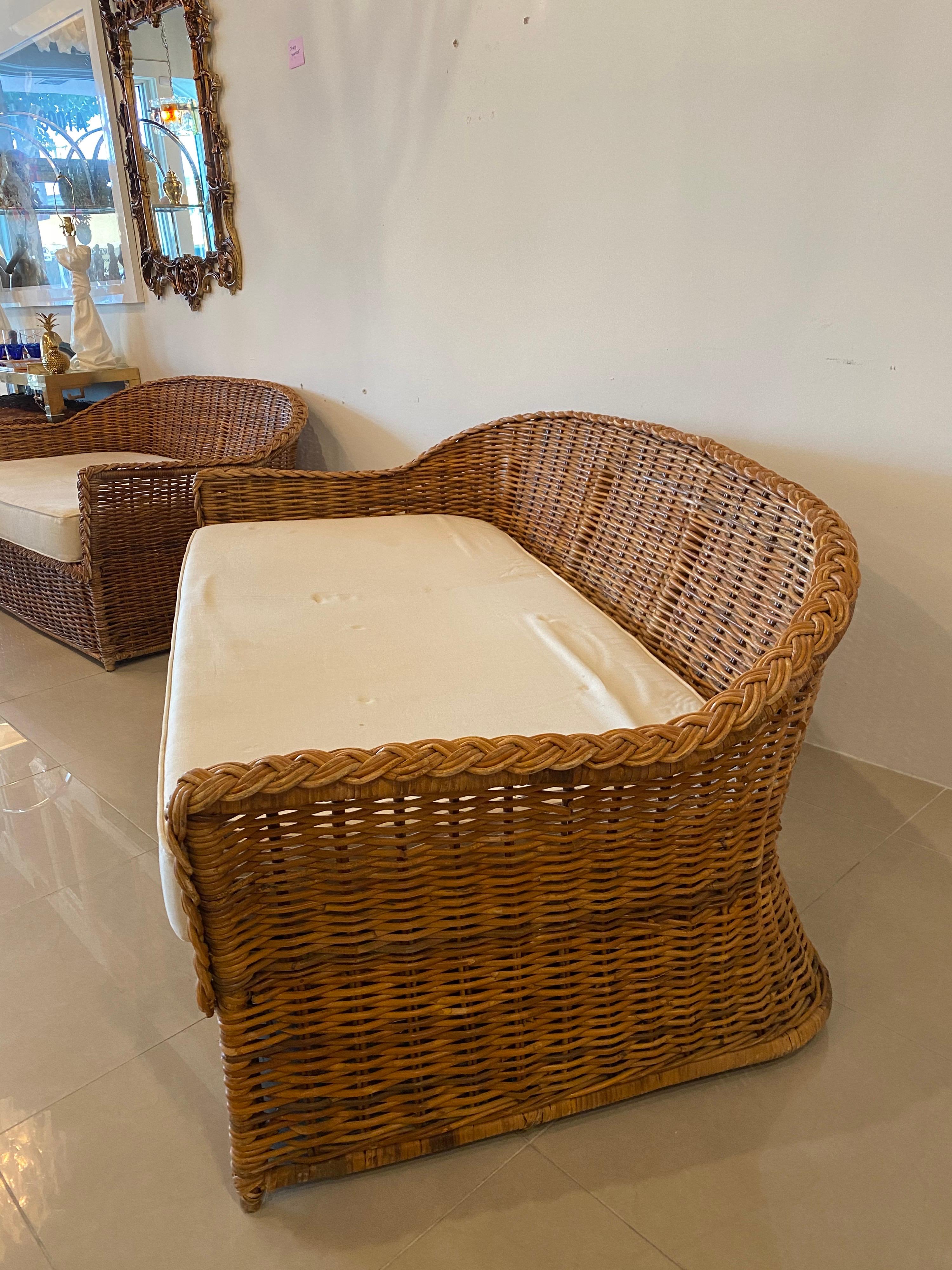 Vintage Wicker Works Braided Woven Wicker Rattan Sofa In Good Condition In West Palm Beach, FL