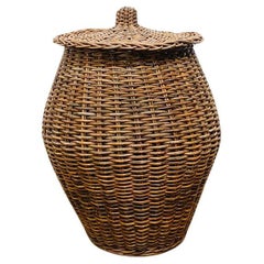 Vintage Wicker Woven Basket & Lid  Laundry Basket