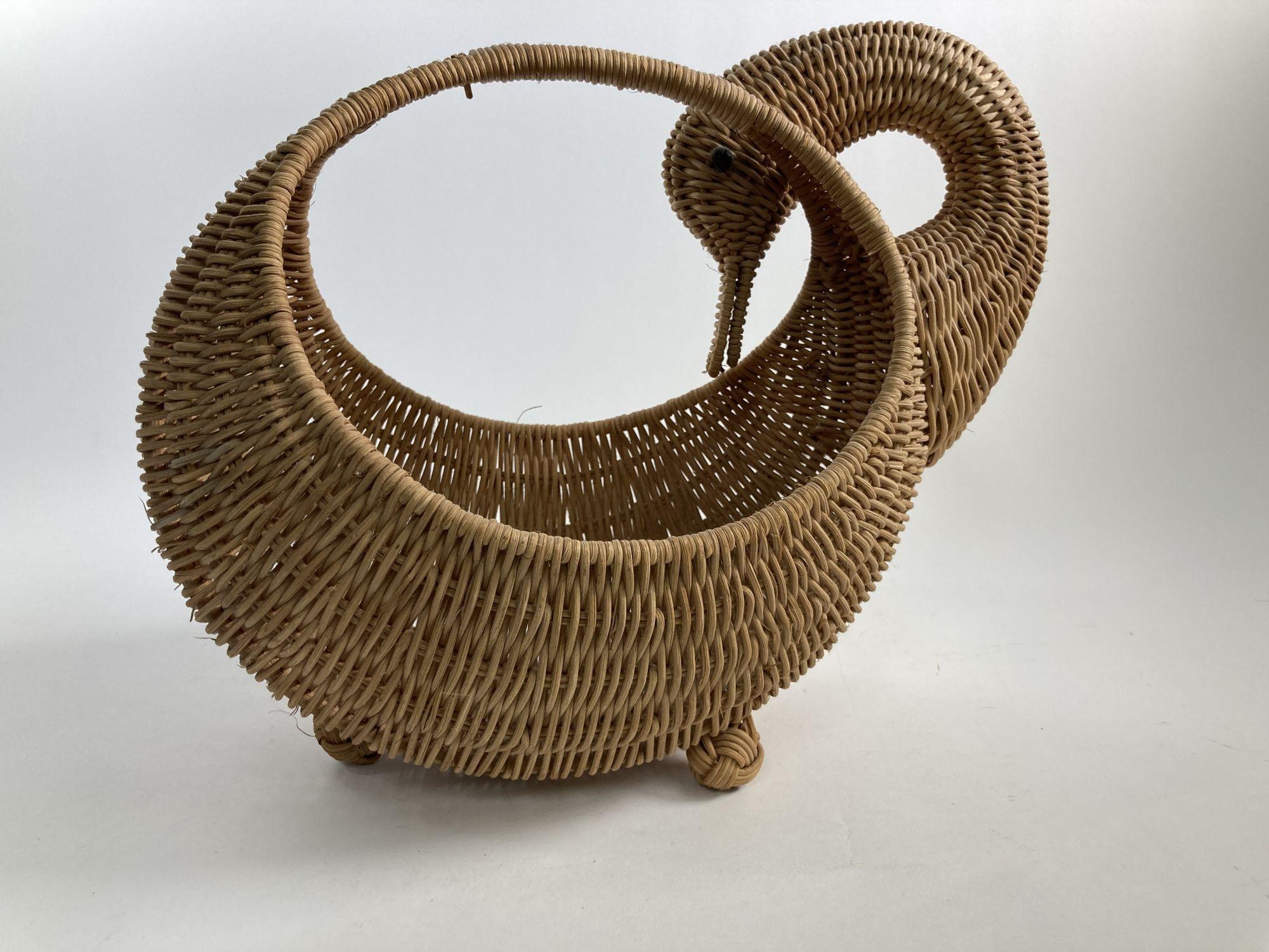 Hand-Crafted Vintage Wicker Woven Duck Motif Basket with Handle