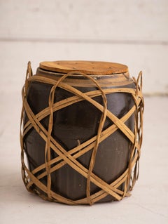 Vintage Wicker Wrapped Earthenware Vessel Planter