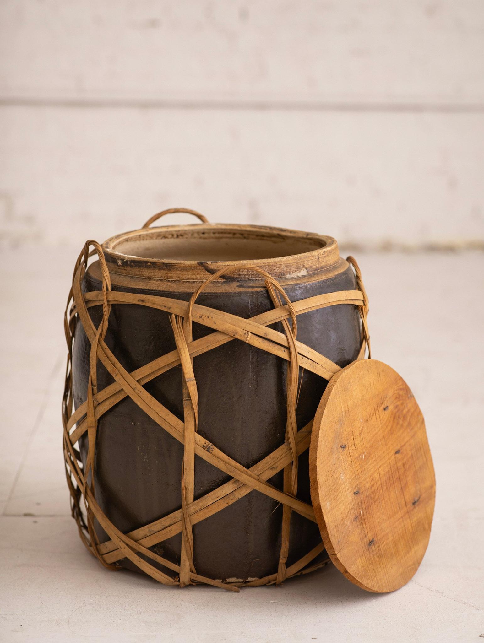20th Century Vintage Wicker Wrapped Earthenware Vessel Planter For Sale