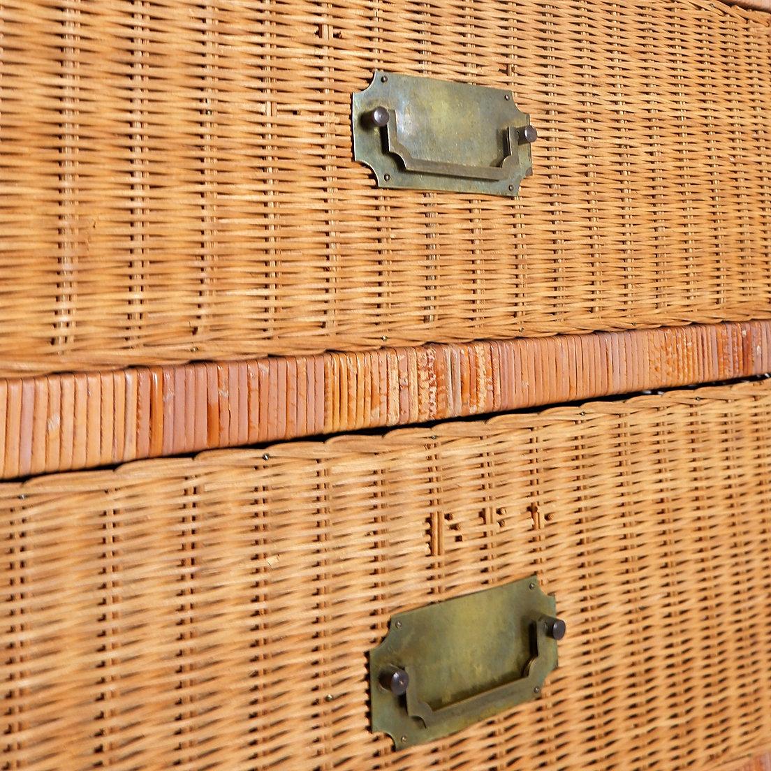 Vintage Wickers Chest of drawer - 1960s
Bamboo decoration - Mid-century
Measures : 68x45cm H:107cm 
Material: Wicker - Rattan - Brass 
Wear consistent with age and use.
 
