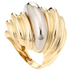 Retro Wide Band Dome Ring Ribbed 18Karat Two Tone Gold Fine Jewelry