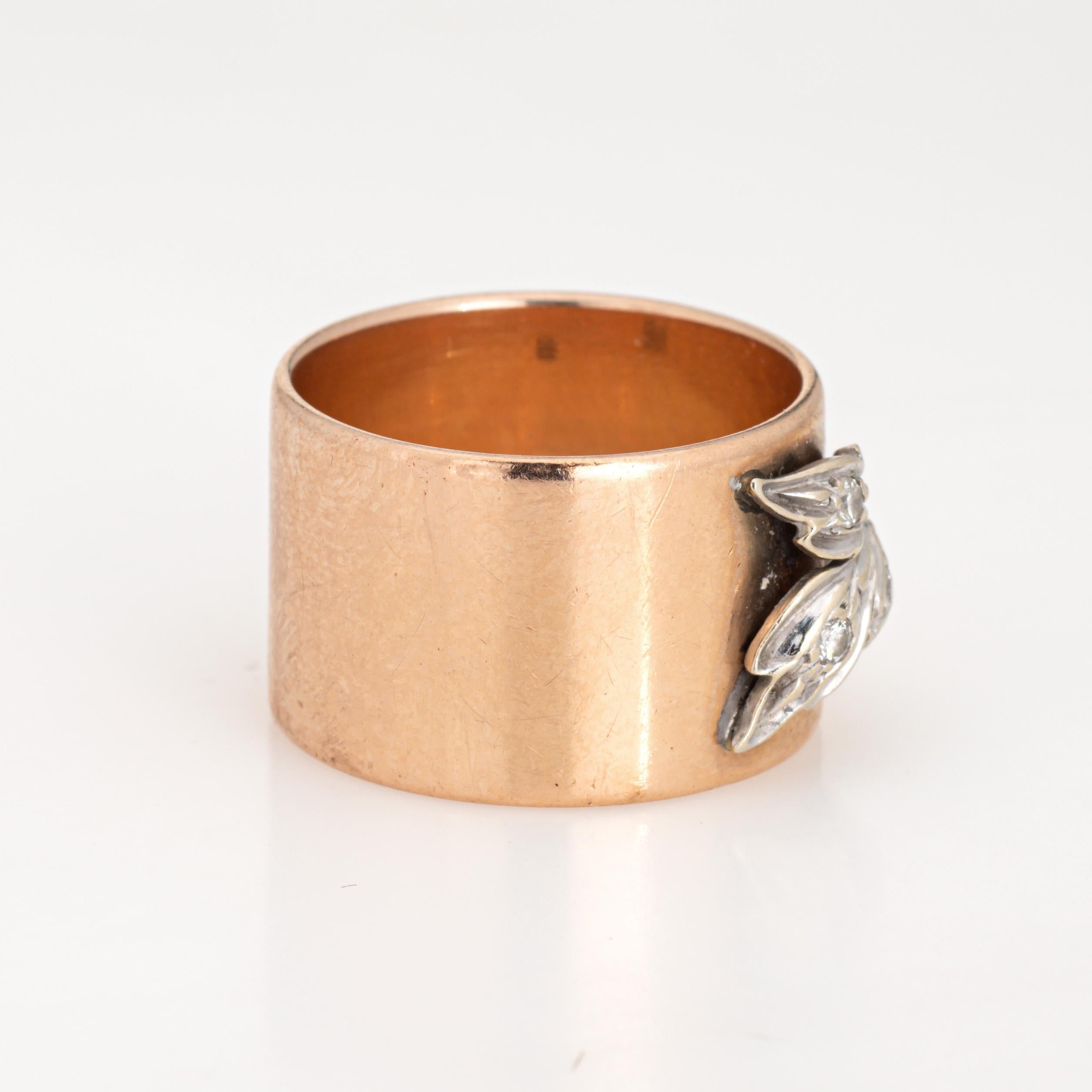 Modern Vintage Wide Band Sz 8.5 Diamond Leaf Ring 14k Rose Gold Fine Wedding Jewelry 