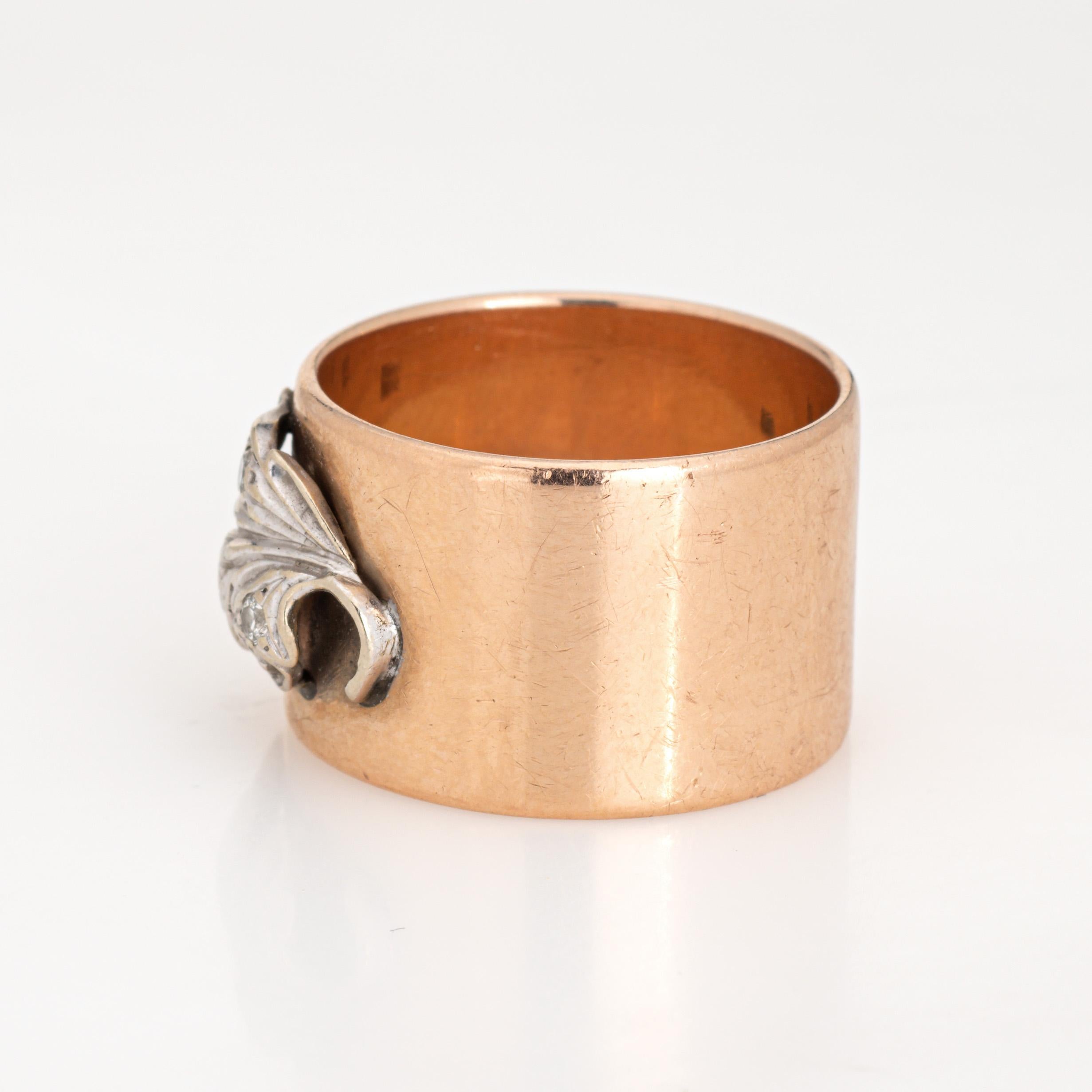 Round Cut Vintage Wide Band Sz 8.5 Diamond Leaf Ring 14k Rose Gold Fine Wedding Jewelry 
