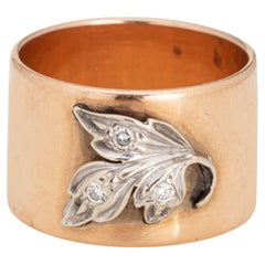 Vintage Wide Band Sz 8.5 Diamond Leaf Ring 14k Rose Gold Fine Wedding Jewelry 