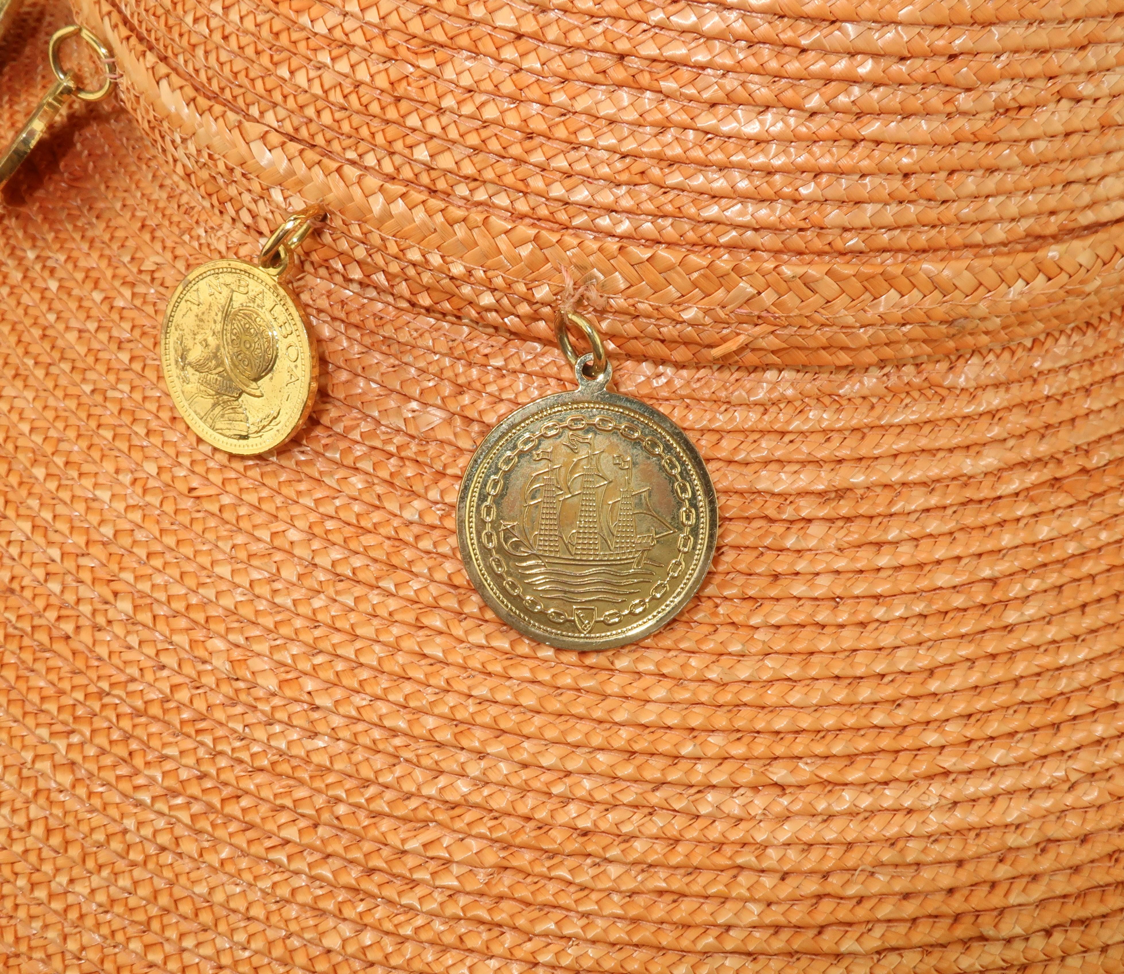 Vintage Wide Brim Straw Hat With Gold Coins 6