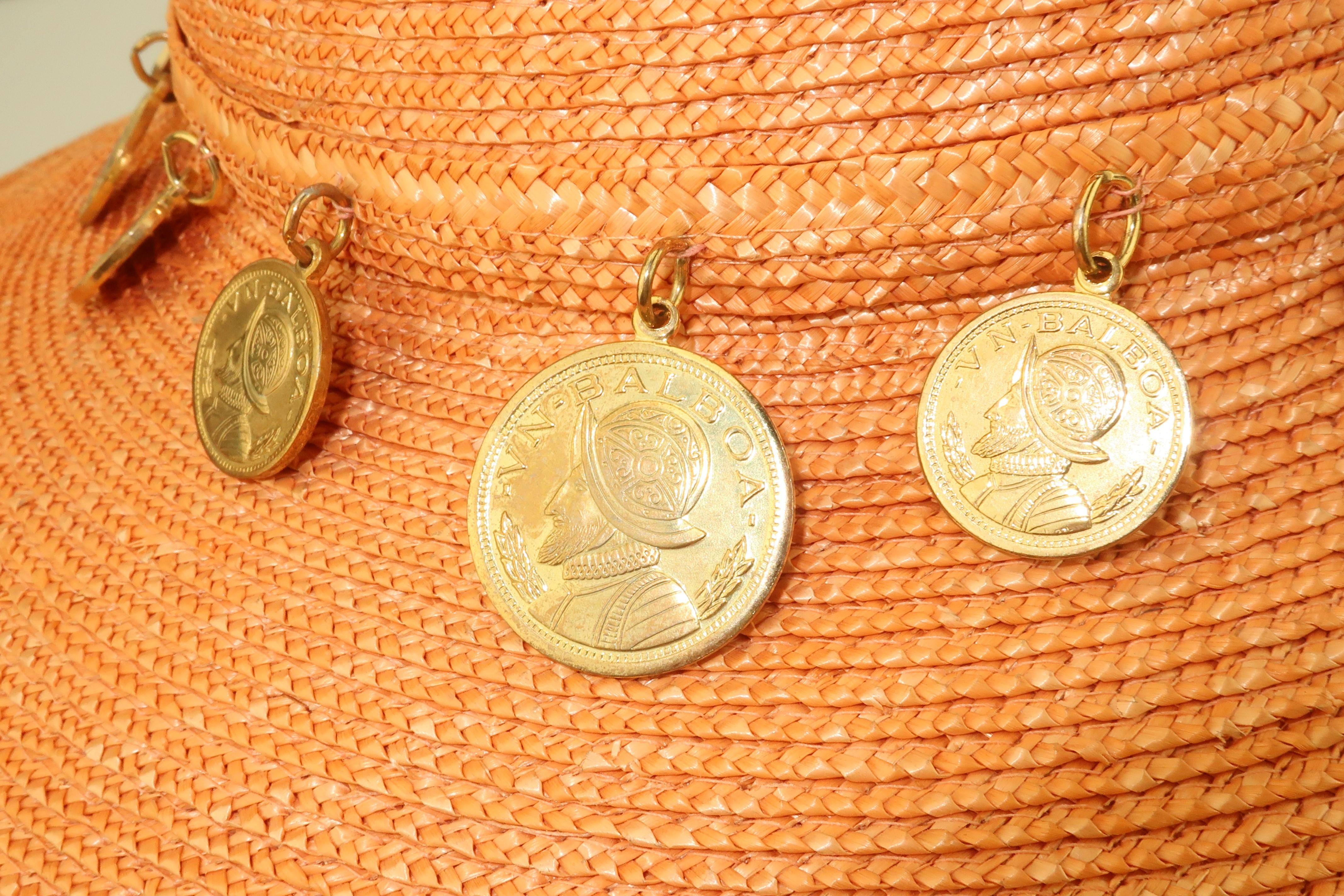 Vintage Wide Brim Straw Hat With Gold Coins 7