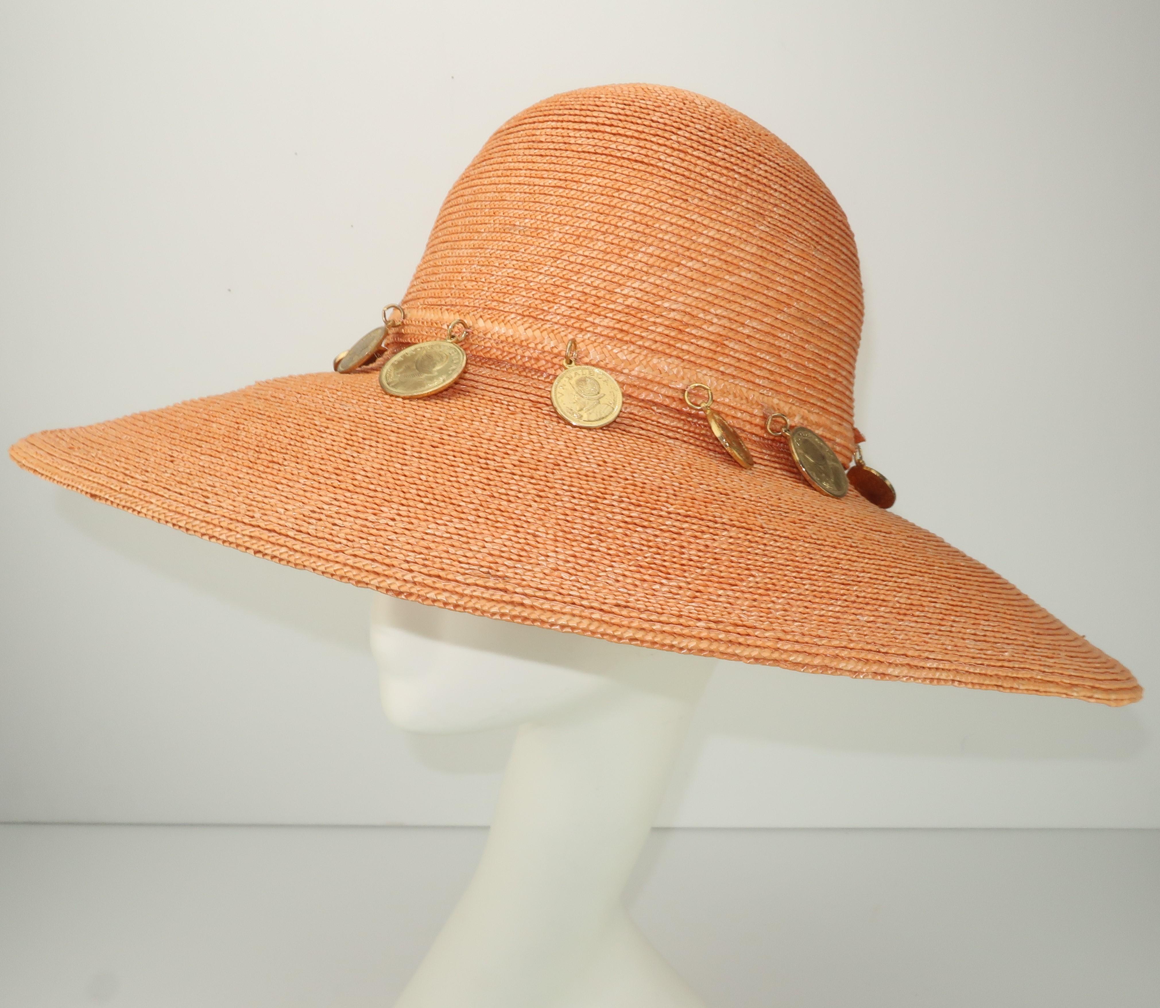 Vintage Wide Brim Straw Hat With Gold Coins In Fair Condition In Atlanta, GA