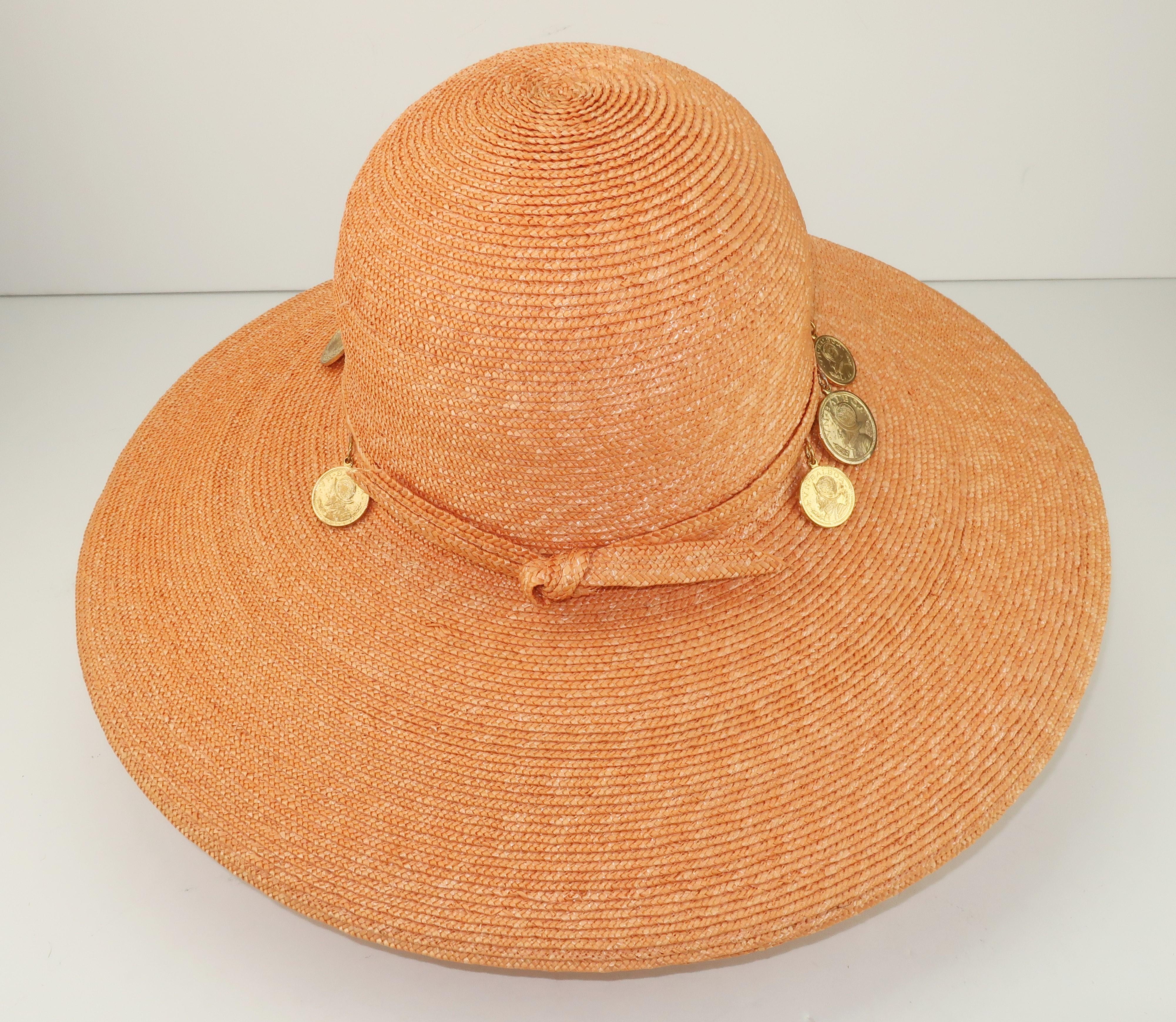 Vintage Wide Brim Straw Hat With Gold Coins 3
