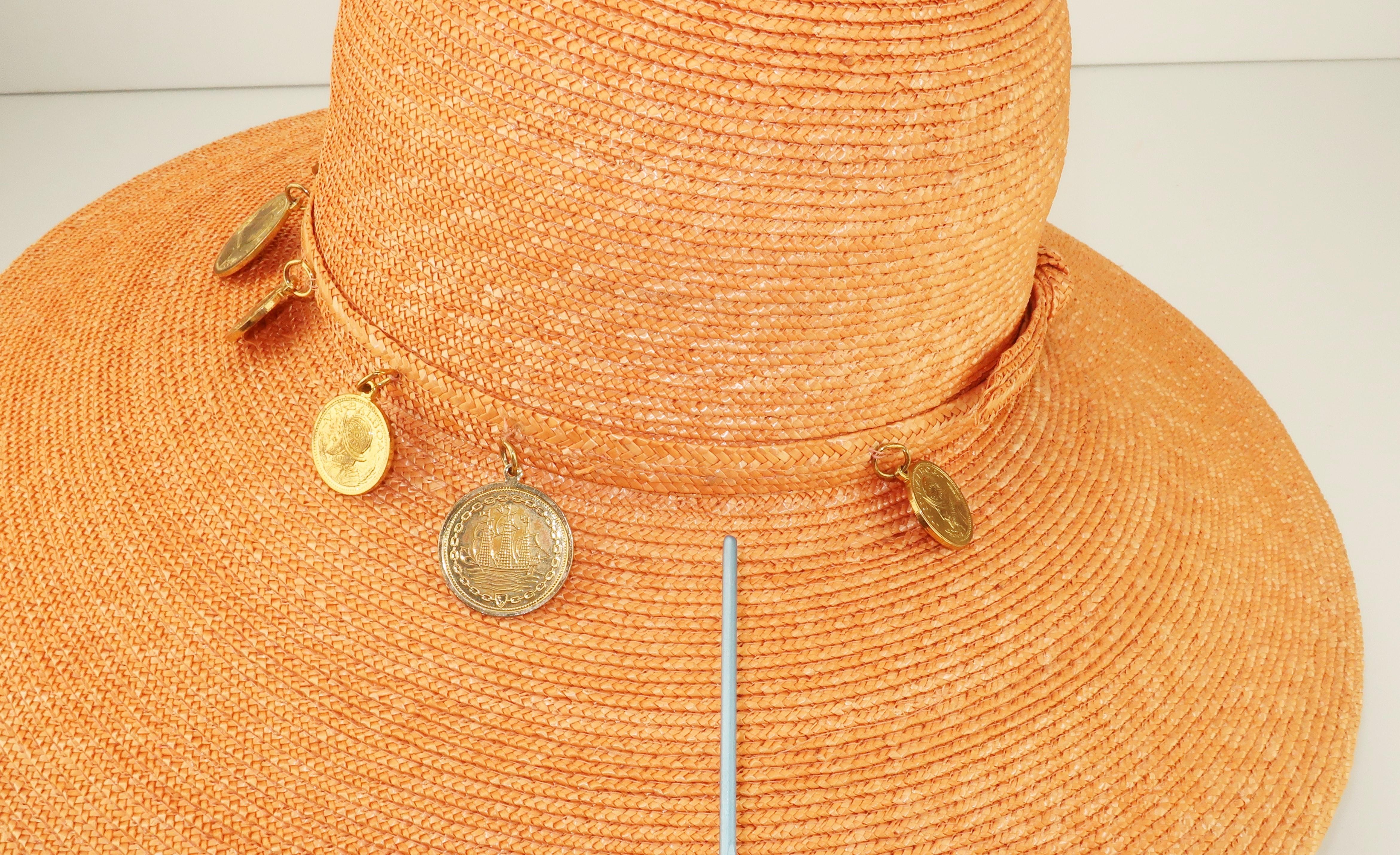 Vintage Wide Brim Straw Hat With Gold Coins 5
