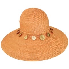 Vintage Wide Brim Straw Hat With Gold Coins