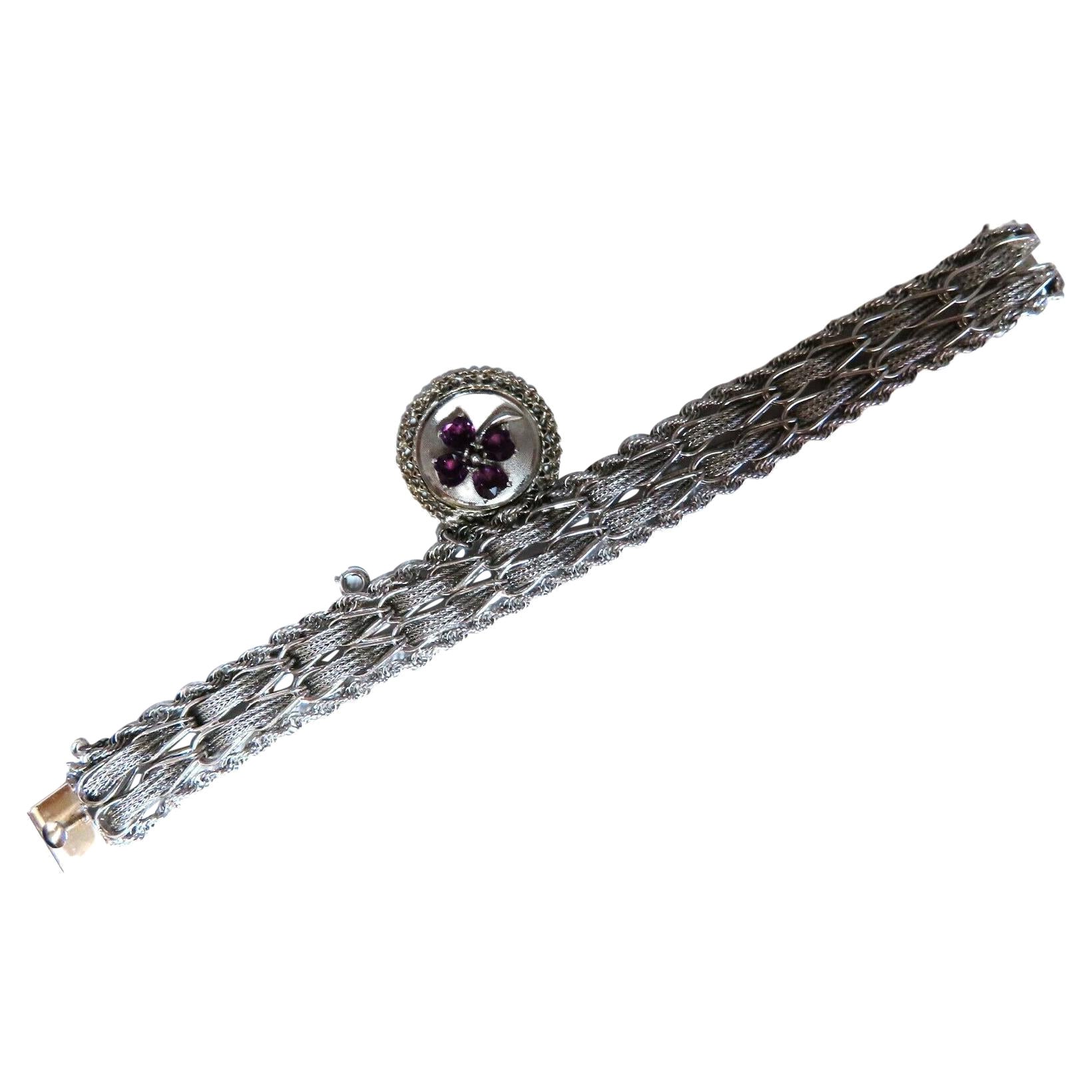 Vintage Wide Cuff Link Sterling Silver Bracelet Amethyst Clover Charm