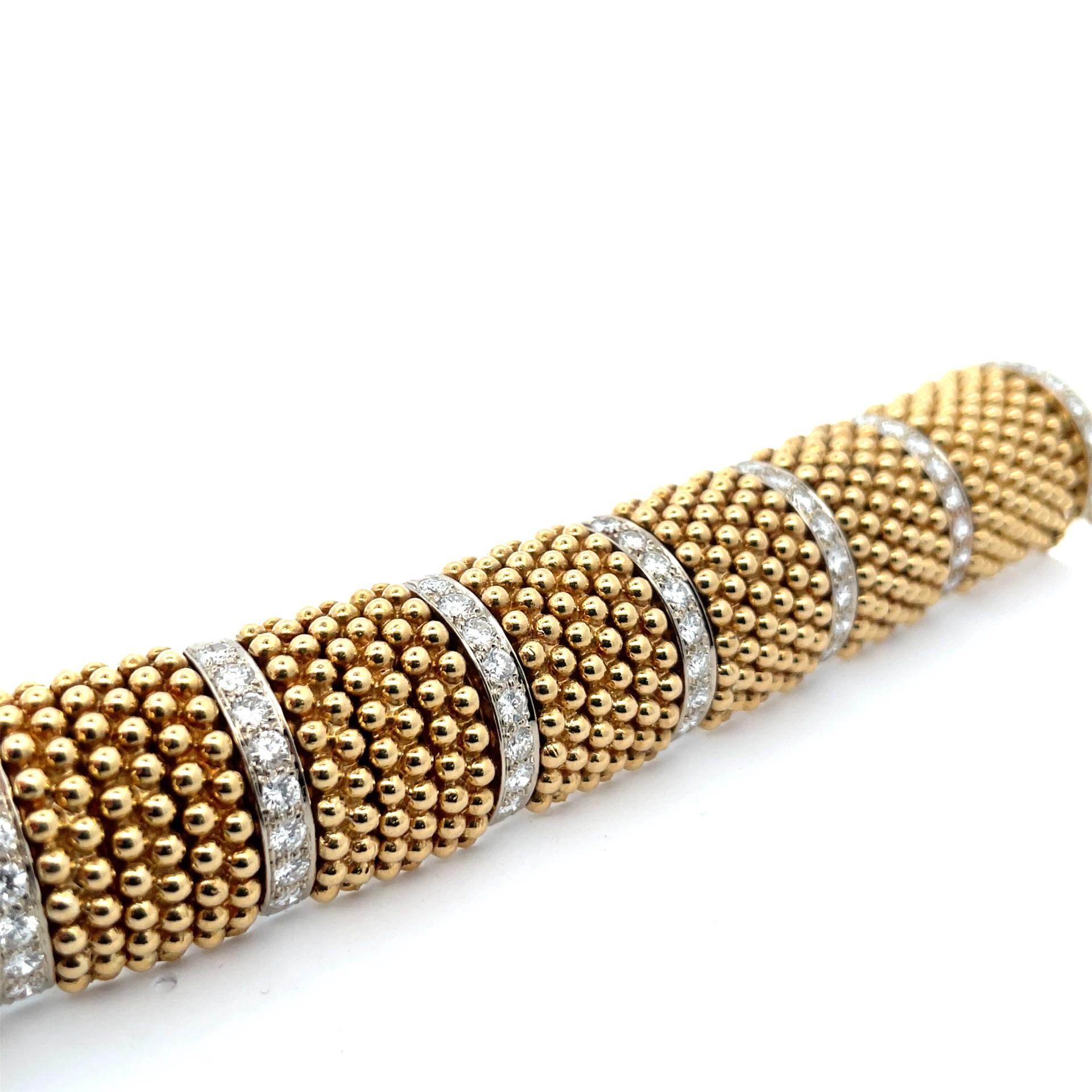 Contemporary Vintage Wide Gold Beads & Diamond Bracelet in Yellow and White Gold For Sale